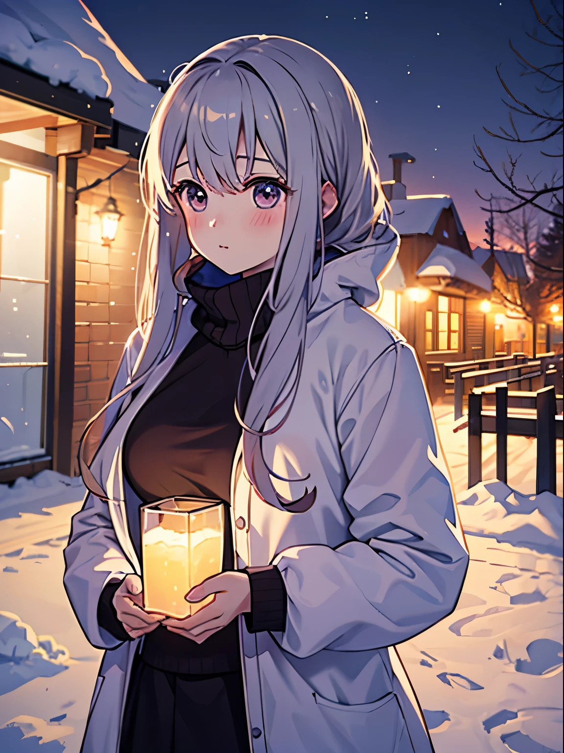 1girl in,Light,Tying hair,Light,Cute,blush,medium breasts, winter, outdoors, warm clothes