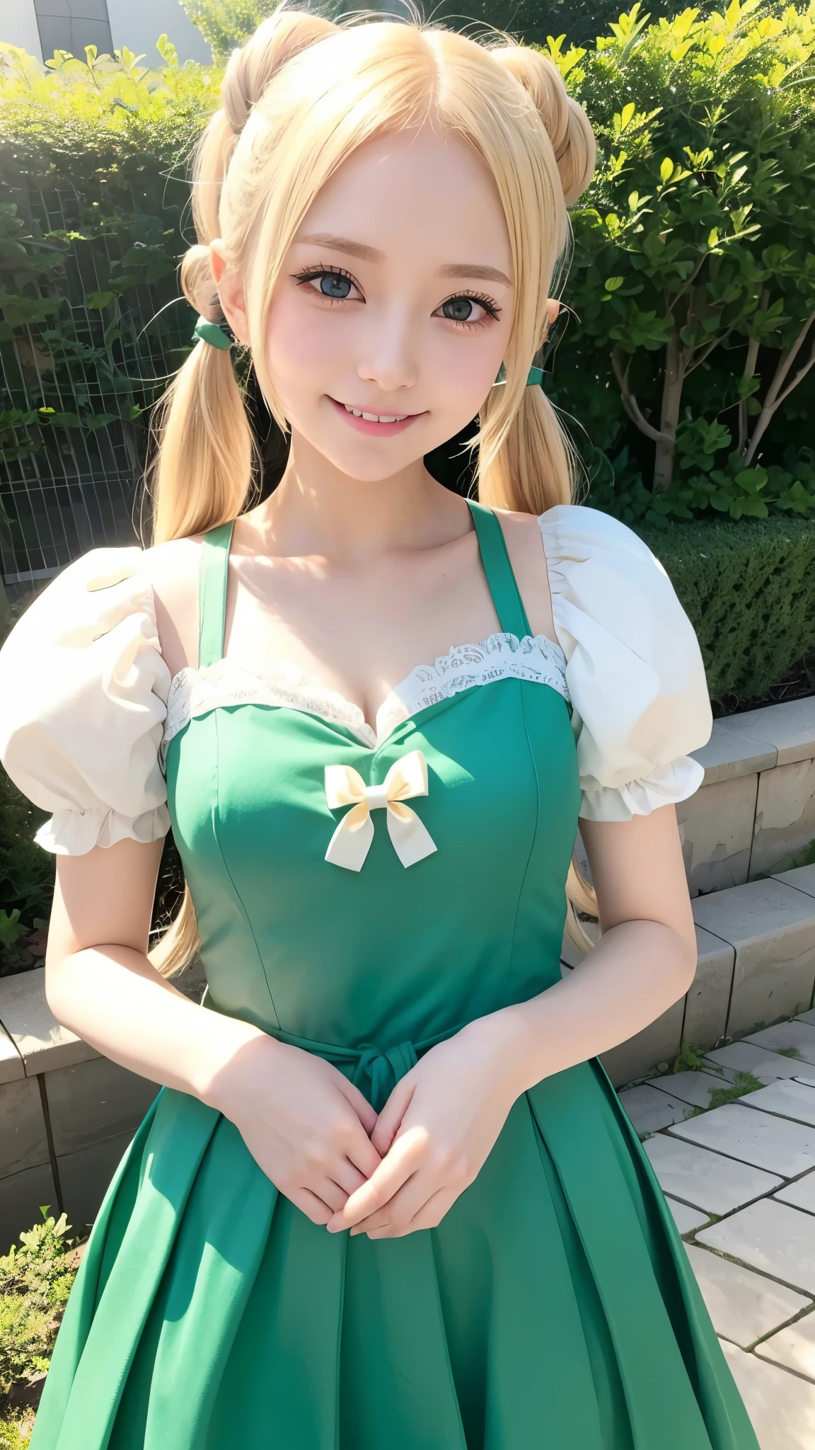 she is cosplaying as a princess、blonde short、smile、green eyes、twin tails、