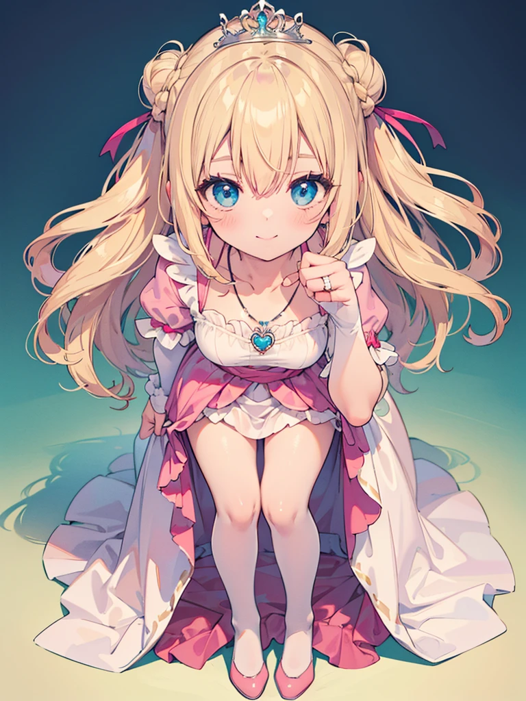 photo realistic, (masterpiece,best quality:1.4),(8k,raw photo,photo realistic:1.2), detailed skin, detailed face,1girl, Princess, cute face, Not Safe for Work, (raw photo, photo realistic: 1.2),
(((half updo))), blue eyes, (blonde hair), light smile, shiny wavy hair, sidelock, curtsey, (Pink ballgown), Pink Princess doress, shortsleeves, a smile, red blush, Doress, Hair Between Eyes, Puffy Sleeves, Bangss, (tiara), (necklace), (bridal gauntlets), frilld, : q, masterpiece, top-quality, not safe for work, 14-yo, braided bangs, (((FULL BODY))), small breasts,
pastel color, rainbow-colored background,