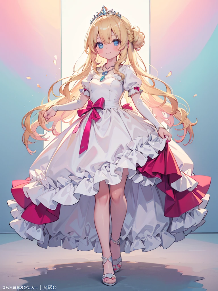 photo realistic, (masterpiece,best quality:1.4),(8k,raw photo,photo realistic:1.2), detailed skin, detailed face,1girl, Princess, cute face, Not Safe for Work, (raw photo, photo realistic: 1.2),
(((half updo))), blue eyes, (blonde hair), light smile, shiny wavy hair, sidelock, curtsey, (Pink ballgown), Pink Princess doress, shortsleeves, a smile, red blush, Doress, Hair Between Eyes, Puffy Sleeves, Bangss, (tiara), (necklace), (bridal gauntlets), frilld, : q, masterpiece, top-quality, not safe for work, 14-yo, braided bangs, (((FULL BODY))), small breasts,
pastel color, rainbow-colored background,