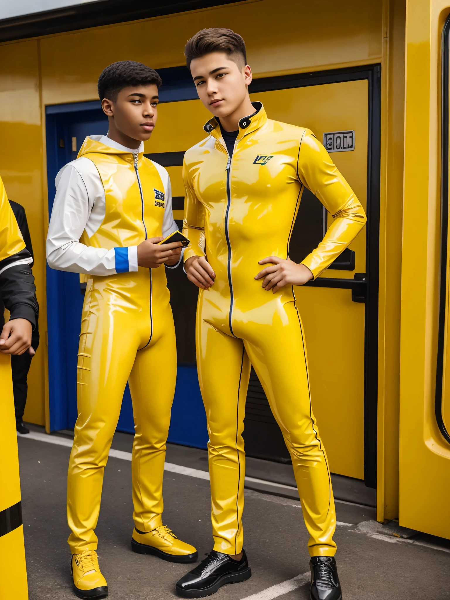 A high school boy wearing yellow latex catsuit