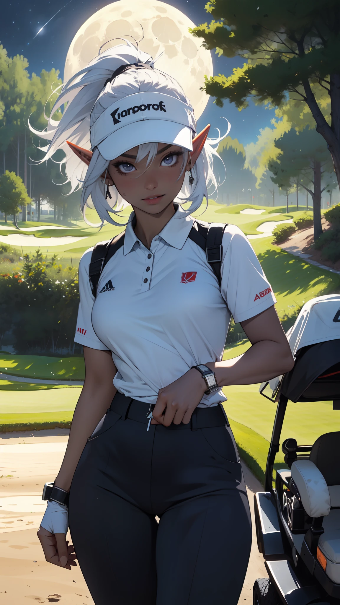 ((masterpiece)), (top quality), (best quality), ((ultra-detailed, 8k quality)), soft semi-backlit light, (detailed line art), absurdres, (best composition), (high-resolution), Aesthetics,
BREAK,
(Dark elf female), (detailed outfit), (20 years old), golfer, content, focused, (contrapposto), golf polo shirt, golf joggers pants, (golf visor cap), golf glove, golf shoes, sweat, (golf cart:1.2), atmospheric perspective,
BREAK,
(background, from front, outdoor, golf course, sand trap, trees, flag, (night sky:1.1), ((full moon:1.2))), cinematic dramatic atmosphere,
BREAK,
highly detailed of ((dark elf:1.4)), (1girl), solo, perfect face, details eye, ahoge, ponytail, (white shining hair:1.2), (forehead), medium hair, [[floating hair]], violet eyes, shining eyes, (beautiful detailed eyelashes, eyeshadow, pink eyeshadow), smiling, Concept art by Mikimoto Haruhiko, by Kawacy, By Yoshitaka Amano,
BREAK, 
((perfect anatomy)), (perfect body), Abs, (medium breast), perfect hands, perfect face, beautiful face, beautiful eyes, perfect eyes, (perfect fingers, deatailed fingers), correct anatomy, perfect legs, skinny, ((dark skin:1.2)),