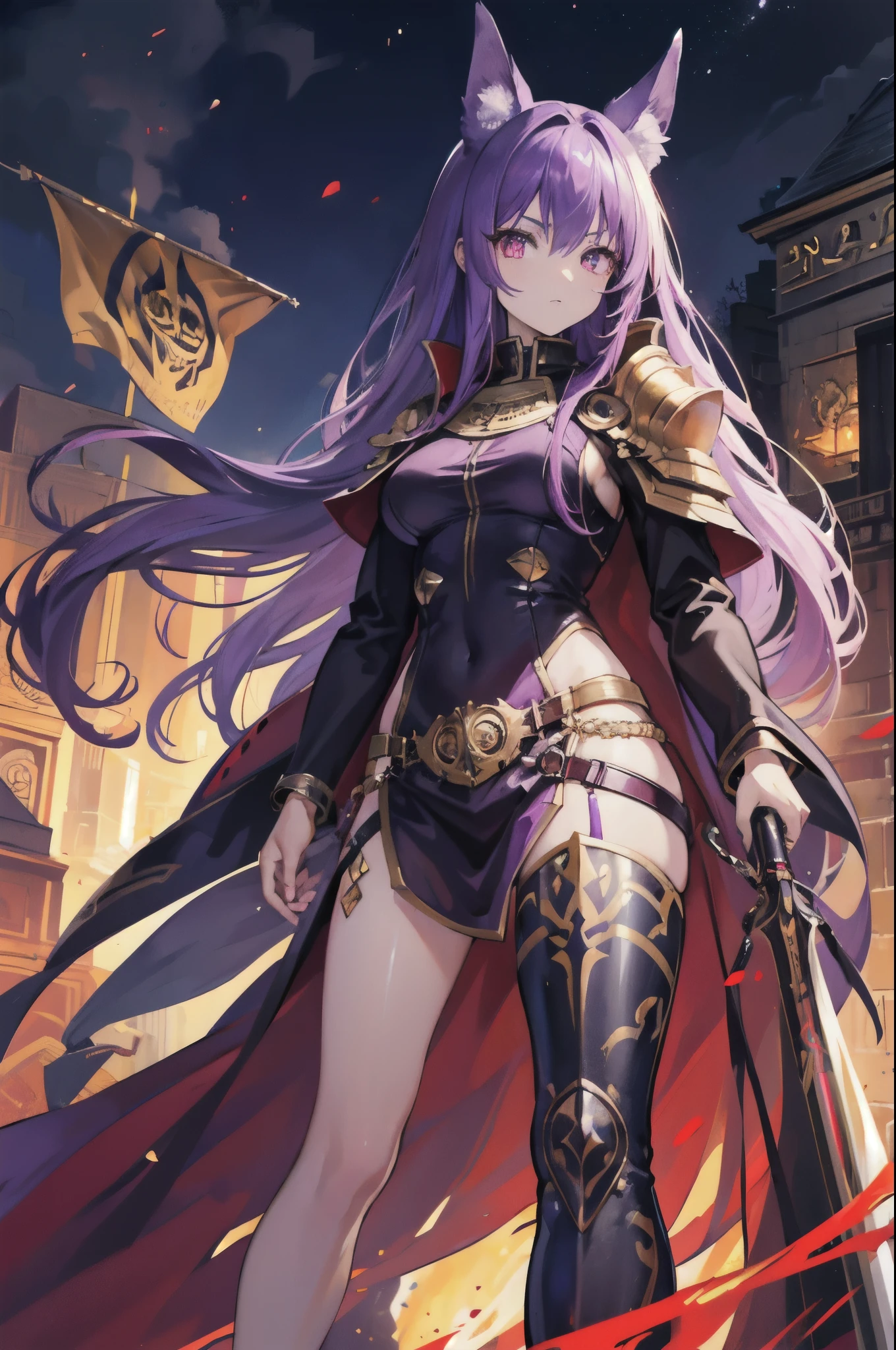 girl,purple hair,long hair,golden eyes,glowing eyes,glowing eyes,Anubis,dog ears,golden armor,warrior,red cloak,Knife gas,poster,epic,,Royal sister,