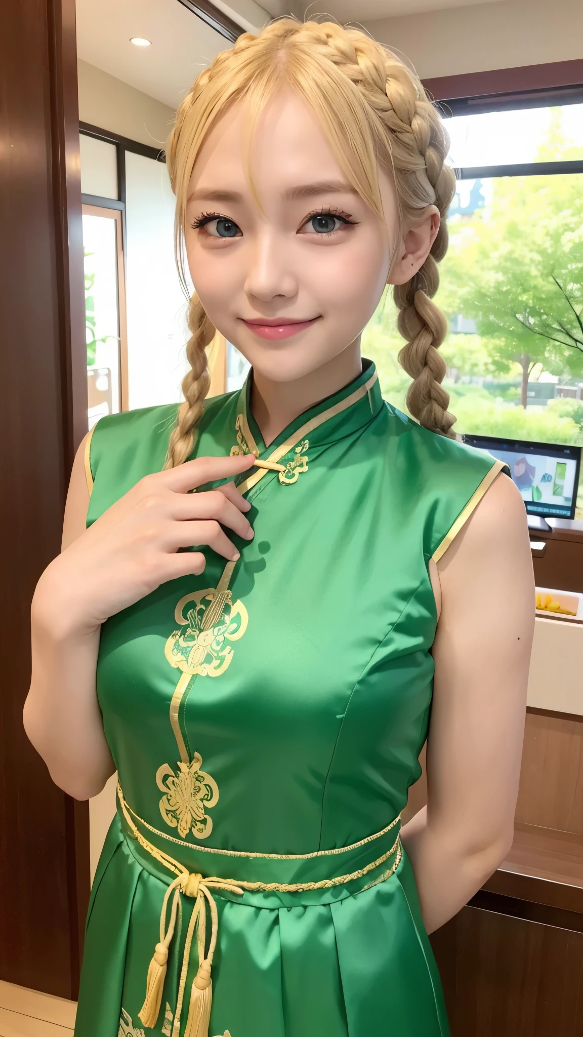 She is cosplaying a Chinese dress、blonde short、smile、green eyes、Braid、