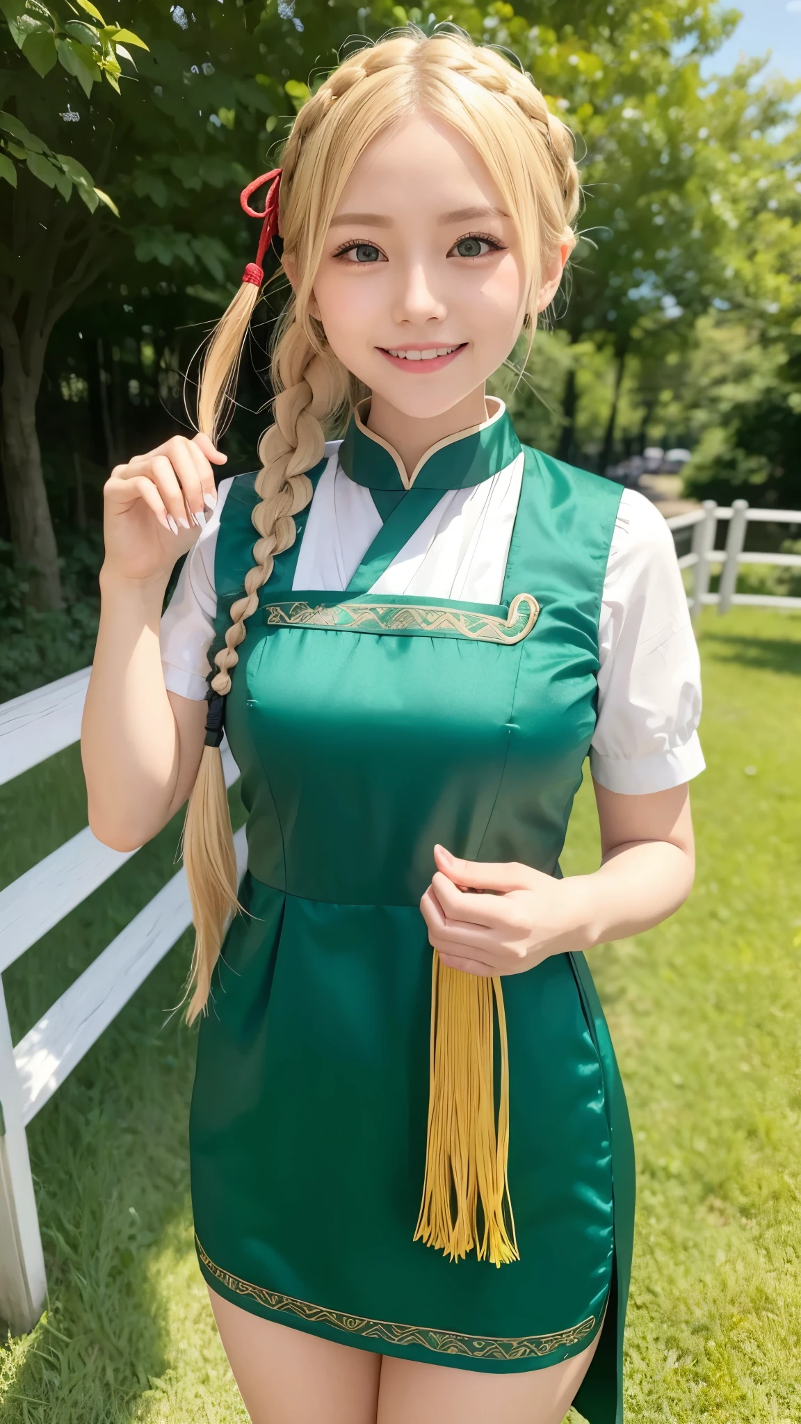 She is cosplaying a Chinese dress、blonde short、smile、green eyes、Braid、