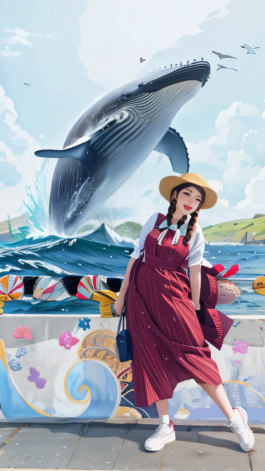 Woman,Two braids, red dress, Beach Hat, stone bridge, humpback whale