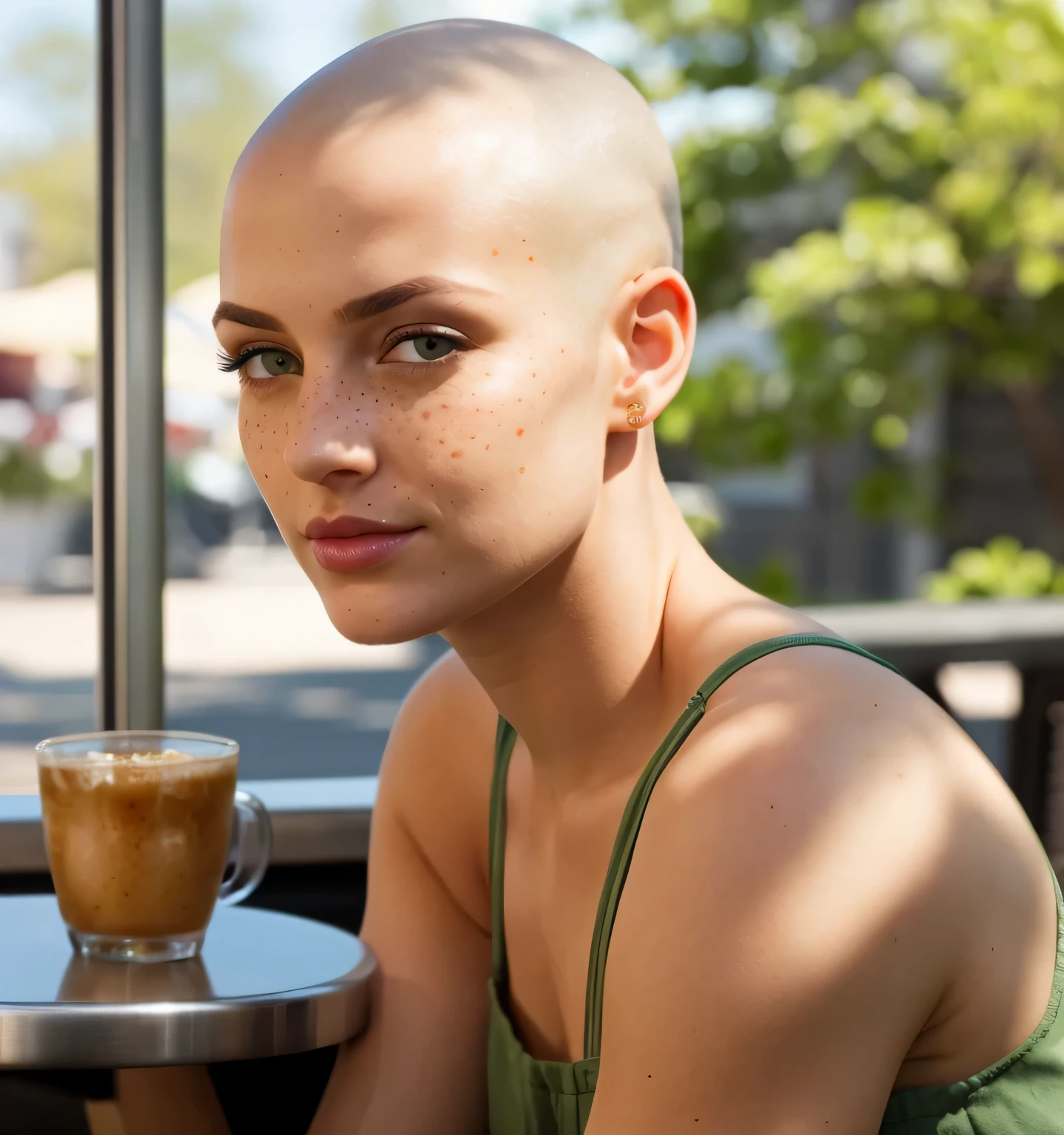 most beautiful girl, shiny bald head, freckles, green eyes, sitting at cafe, profile image