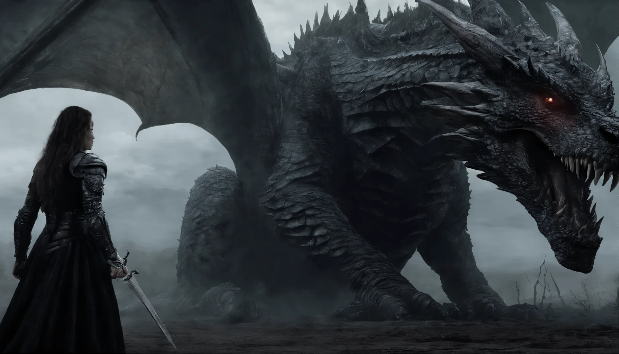 There's a woman dressed in revealing armor standing with a giant dragon behind her, dragon in the background, ultra detailed, photorealistic, masterpiece.