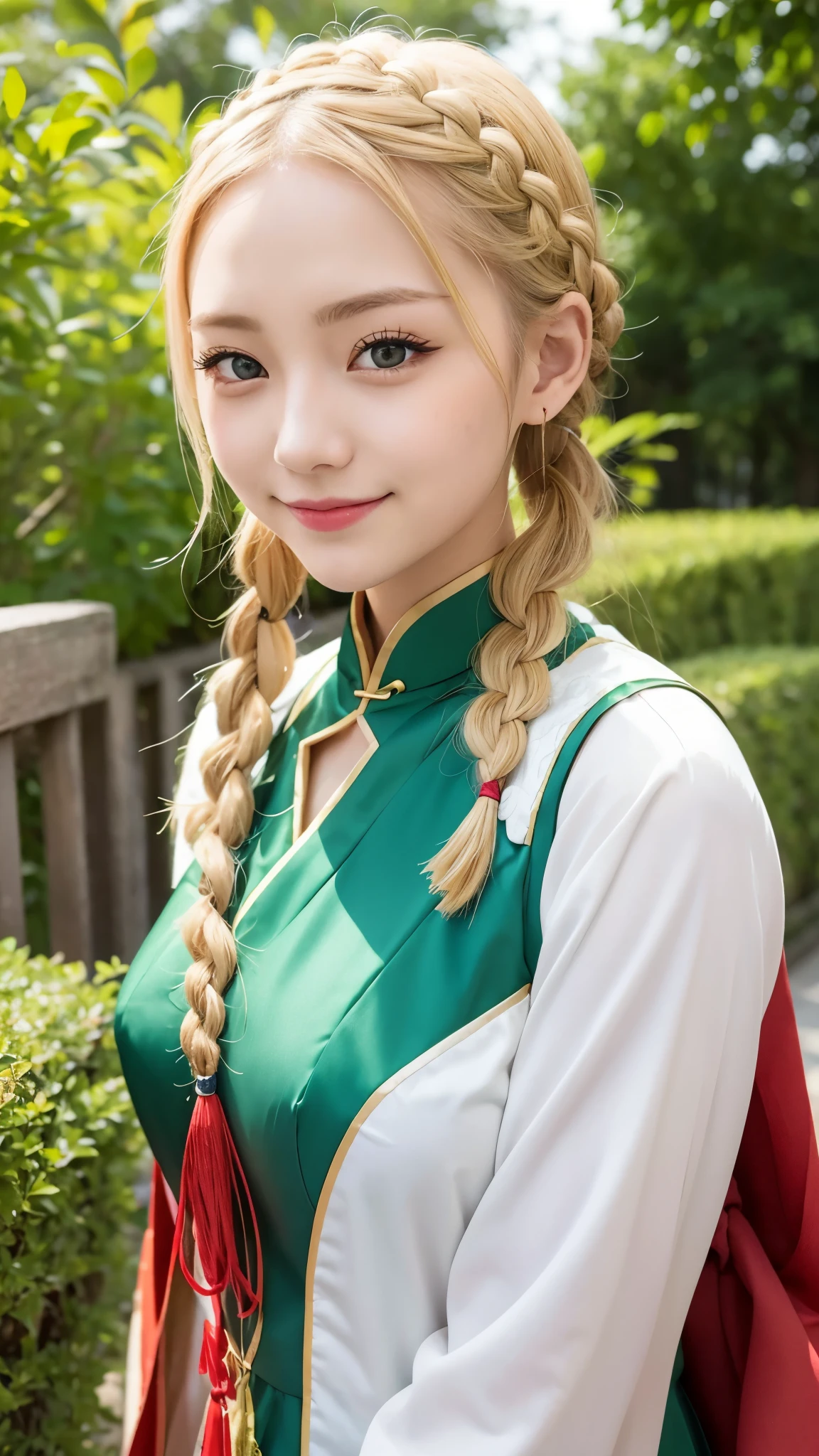 She is cosplaying a Chinese dress、blonde short、smile、green eyes、Braid、
