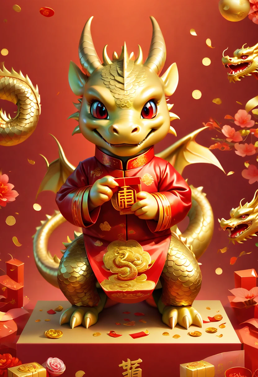 text "China", post design, Chinese New Year "2024", dragon cub mascot, red clothes, Chinese bowing, welcome, box of golds, holding red envelopes, confetti, strong festive atmosphere, Chinese elements, panoramic view, Ultra high saturation, (best quality, masterpiece, Representative work, official art, Professional, 8k)