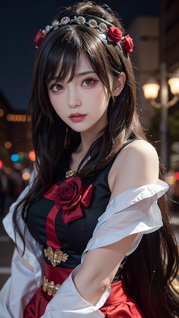 1girl, Tokyo Street, Night, City View, City Lights, Upper Body, Close Up, 8k, RAW Photo, Best Quality, Masterpiece, Realism, Realism, Red Rose Headdress, Split Bangs, Short Hair, Big Waves, One Dressed in Black, Long Hair and Glare Eyes, Cute Face. Dark fantasy, stunning anime face portrait, beautiful seductive anime woman, Guvez style artwork, fanci, beautiful anime portrait, beautiful anime girl, beautiful fantasy queen