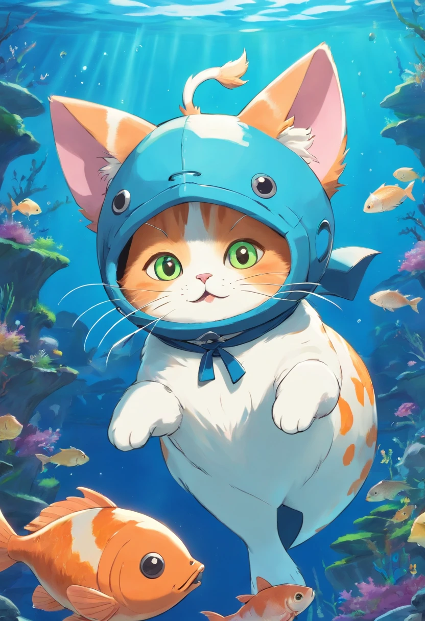 Cute cat in a fish costume with a cheerful face.