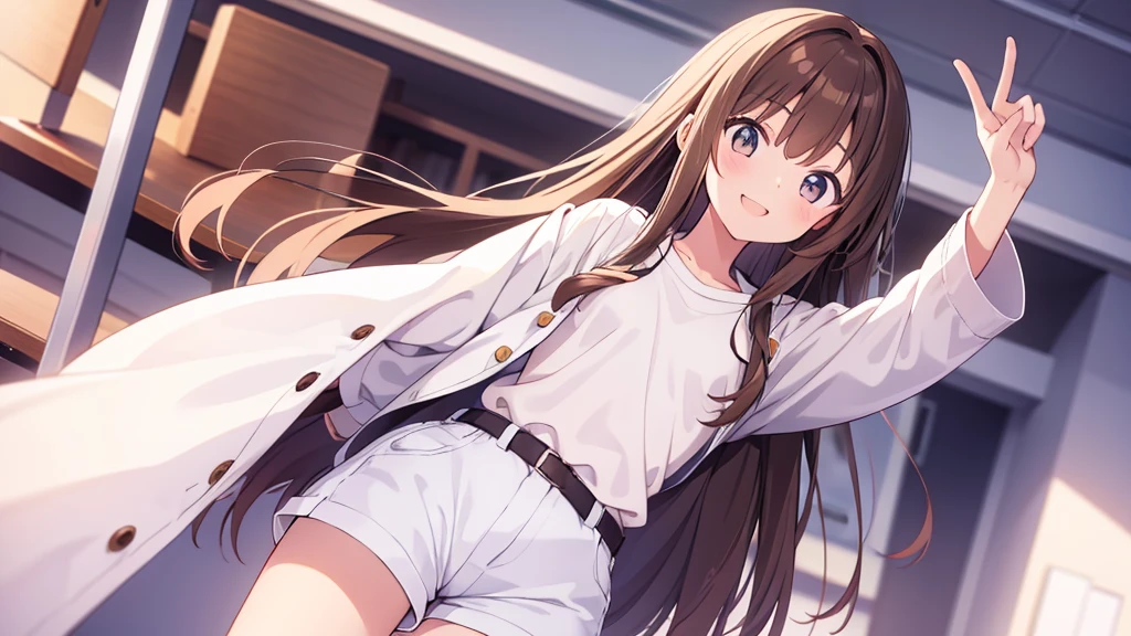 20 years old、flat chest、Height 165 cm、Long brown hair、White shirt、White shorts、White coat、smile、classroom