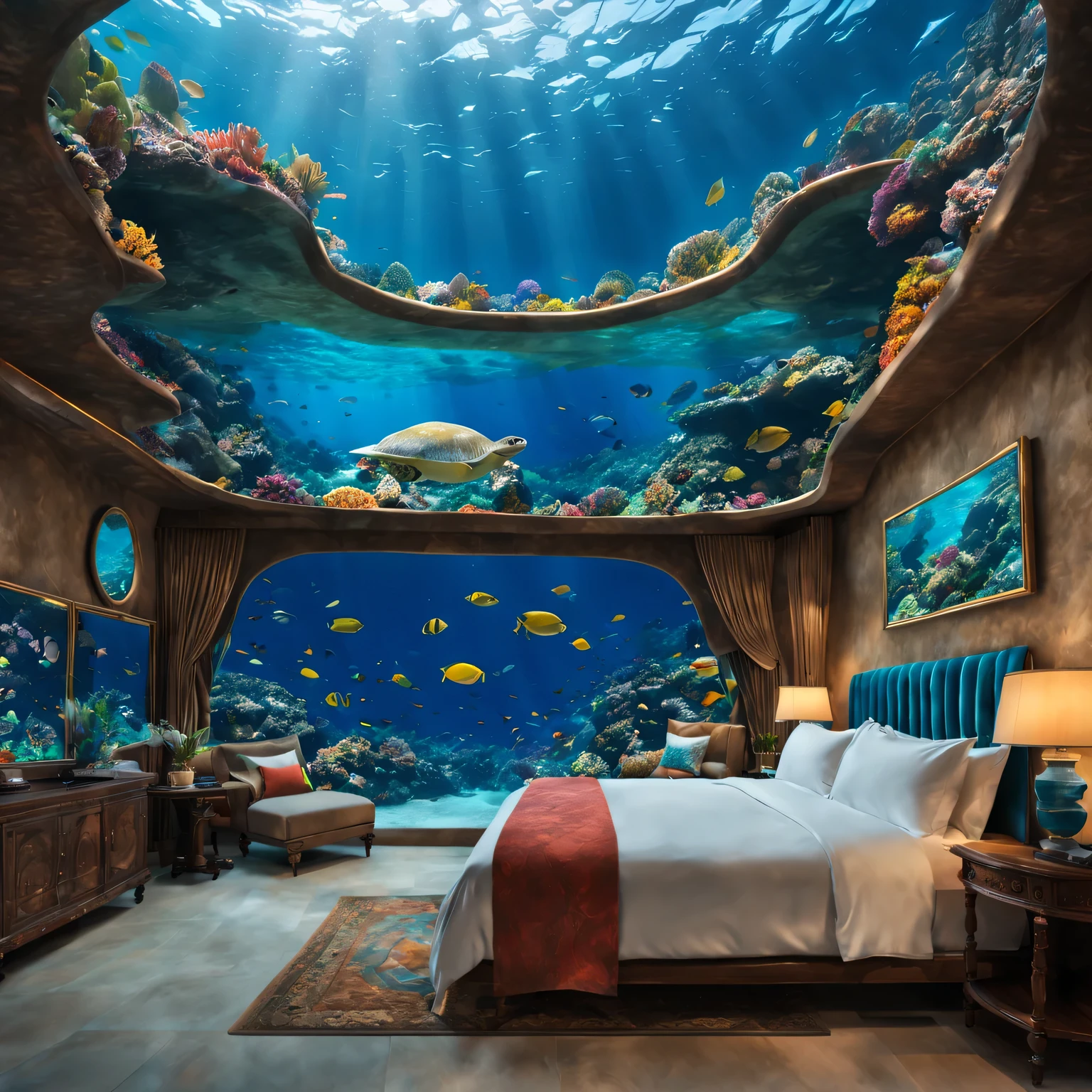(best quality,4K,8k,high resolution,masterpiece:1.2),Super detailed,(actual,photoactual,photo-actual:1.37),human development report,ultra high definition,studio lighting,Ultra-fine painting,sharp focus,Physically based rendering,extremely detailed description,professional,bright colors,Bokeh,landscape,Underwater luxury resort,海底landscape,The water is so clear,Beautiful coral reef,Tropical fish swimming,flooded building,Underwater garden,Sunlight shines through the water,Amazing underwater sculptures,Magical underwater lighting,Limited Edition Underwater Photography Series,Unique diving experience,Tranquil underwater meditation area,Private underwater villa,Exquisite underwater dining experience,Glowing bioluminescent organisms,Thrilling underwater adventures,Tranquil underwater hot spring,underwater silk curtains,Diving with majestic sea turtles,Hidden underwater caves,Unparalleled underwater biodiversity,Gorgeous underwater banquet hall,Mermaid-inspired underwater fashion,floating underwater walkway,Vibrant underwater art installation,underwater musical performance,Unforgettable underwater sunset,Underwater Yoga Class,Secluded Underwater Honeymoon Suite,surreal underwater landscapes,underwater fashion show,hotel floating underwater,enchanted Underwater garden,underwater rainbow,Unexplored underwater treasures,underwater golf course,Spectacular underwater fireworks,Underwater cinema experience,Bright colors、An underwater paradise rich in marine life