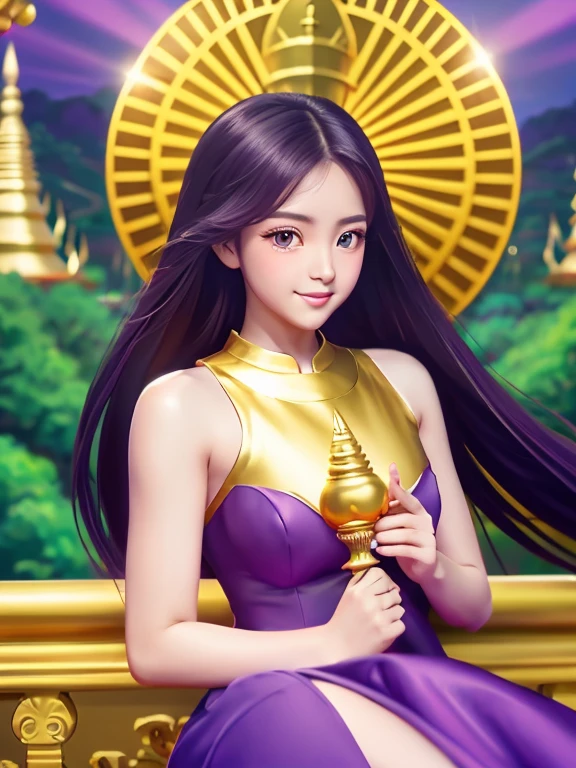 craft top notch, girl solo ((adult female)), long hair hair, Actress, upper black body, lower body purple dress (gold dress) (gold dress) fantasy, happy watching the viewer; cartoon anime (Oil painting) Burmese girl, 18 years old, Bagan Pagoda view background, clear Hd 8k

