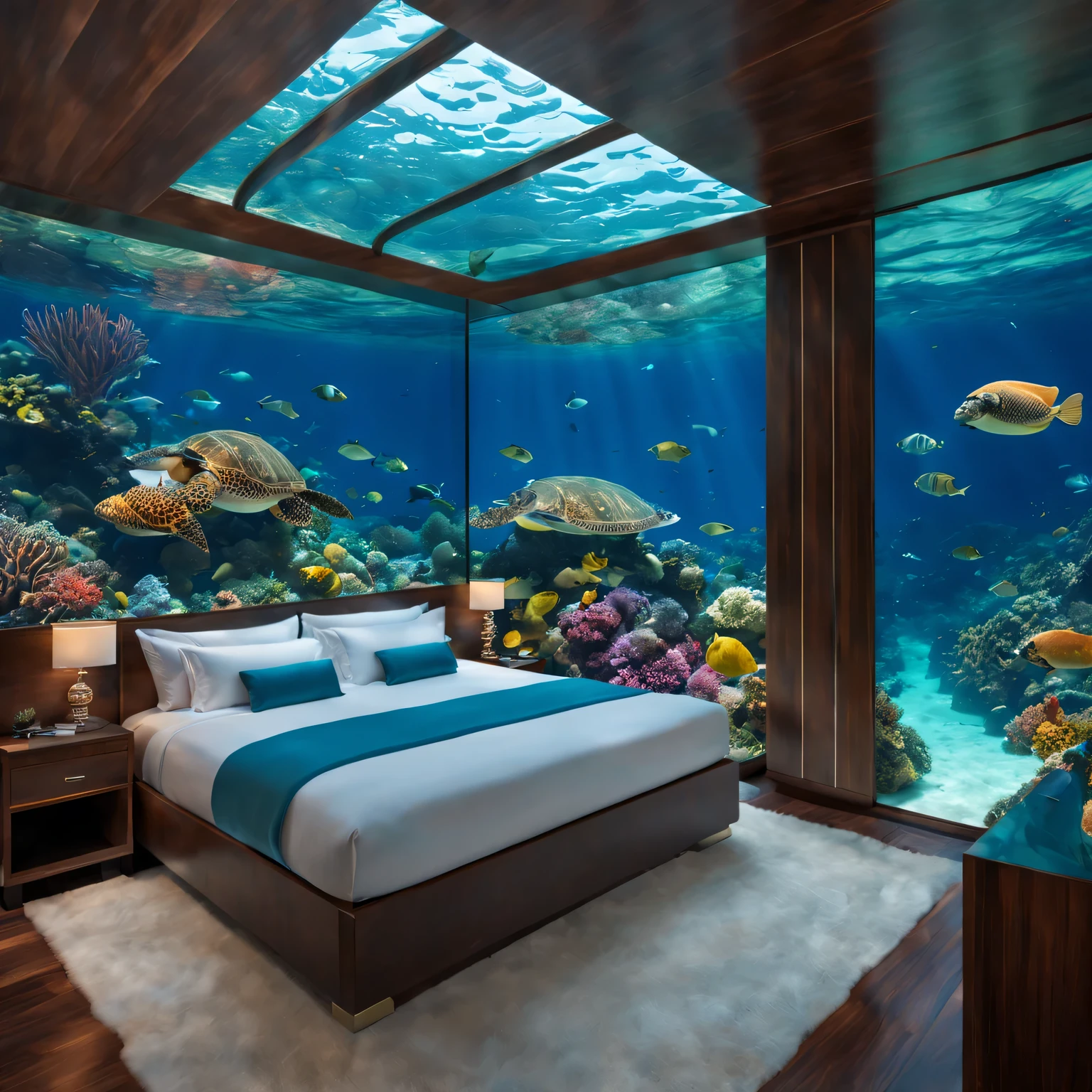 (best quality,4K,8k,high resolution,masterpiece:1.2),Super detailed,(actual,photoactual,photo-actual:1.37),human development report,ultra high definition,studio lighting,Ultra-fine painting,sharp focus,Physically based rendering,extremely detailed description,professional,bright colors,Bokeh,landscape,Underwater luxury resort,海底landscape,The water is so clear,Beautiful coral reef,Tropical fish swimming,flooded building,Underwater garden,Sunlight shines through the water,Amazing underwater sculptures,Magical underwater lighting,Limited Edition Underwater Photography Series,Unique diving experience,Tranquil underwater meditation area,Private underwater villa,Exquisite underwater dining experience,Glowing bioluminescent organisms,Thrilling underwater adventures,Tranquil underwater hot spring,underwater silk curtains,Diving with majestic sea turtles,Hidden underwater caves,Unparalleled underwater biodiversity,Gorgeous underwater banquet hall,Mermaid-inspired underwater fashion,floating underwater walkway,Vibrant underwater art installation,underwater musical performance,Unforgettable underwater sunset,Underwater Yoga Class,Secluded Underwater Honeymoon Suite,surreal underwater landscapes,underwater fashion show,hotel floating underwater,enchanted Underwater garden,underwater rainbow,Unexplored underwater treasures,underwater golf course,Spectacular underwater fireworks,Underwater cinema experience,Bright colors、An underwater paradise rich in marine life