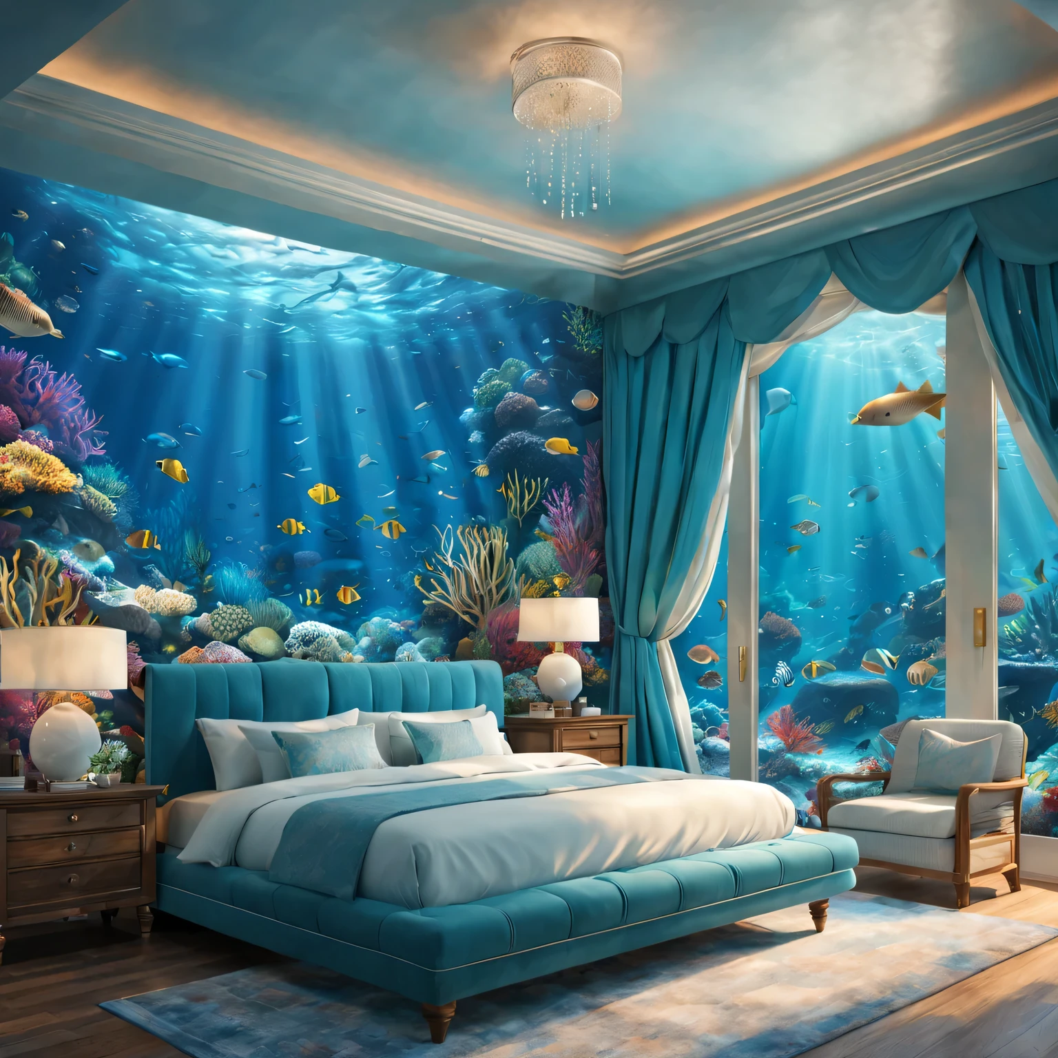 Underwater resort bedroom,Super detailed,high resolution,lifelike:1.37,Beautiful and delicate eyes,Beautiful and delicate lips,long eyelashes,Mermaid tail girl,crystal clear water,Floating bed,coral reef decoration,Soft sunlight flows through the water,Sparkling fish swim around,Transparent curtains,subtle blue tones,sparkling reflections,bright colors,relaxing atmosphere,Tranquil underwater landscape,Peaceful and dreamy atmosphere,Underwater plants and shells,peaceful environment,beach themed artwork,Eye-catching murals of vibrant coral reefs,Glowing bedside table lamp,Ethereal and charming,underwater whispers,Seamless fusion of nature and comfort
