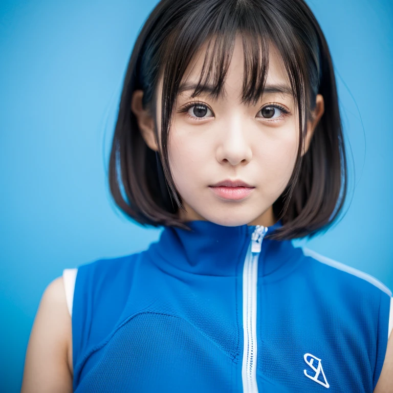 A beautiful Japanese female idol wearing blue clothes with a futuristic design poses like a model in front of the letter "SA" painted on a blue wall. Her focal length 100mmf/2.8, blue space, close-up of the eyes, film quality.