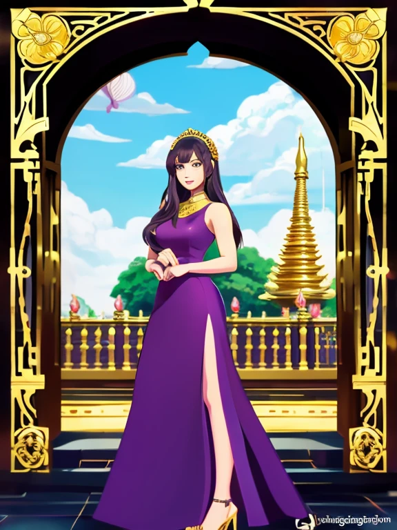 craft top notch, girl solo ((adult female)), long hair hair, Actress, upper black body, lower body purple dress (gold dress) (gold dress) fantasy, happy watching the viewer; cartoon anime (Oil painting) Burmese girl, 18 years old, Bagan Pagoda view background, clear Hd 8k

