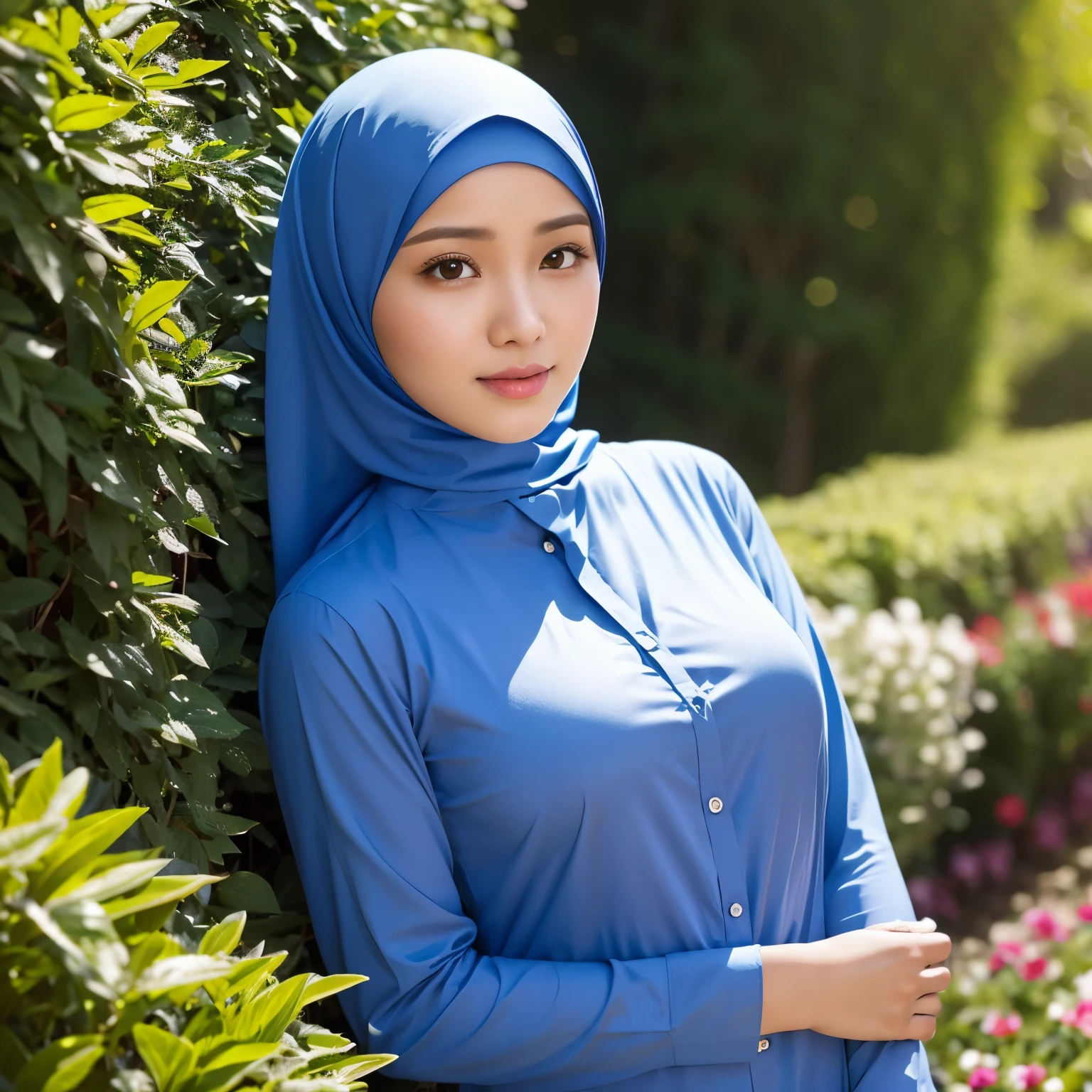 RAW, Best quality, high resolution, Masterpiece: 1.3), Beautiful Malay woman in hijab, Masterpiece, Perfect slim body, ((Big breasts 1.6)), Beautiful big eyes, water eyes, Soft smile, (wearing baju kurung), smiling, windy, skin details, skin texture details, wide hips, thick thighs, sexy body, morning time, laughing, happy, bright sunlight, kitchen path, blurred background, bokeh,