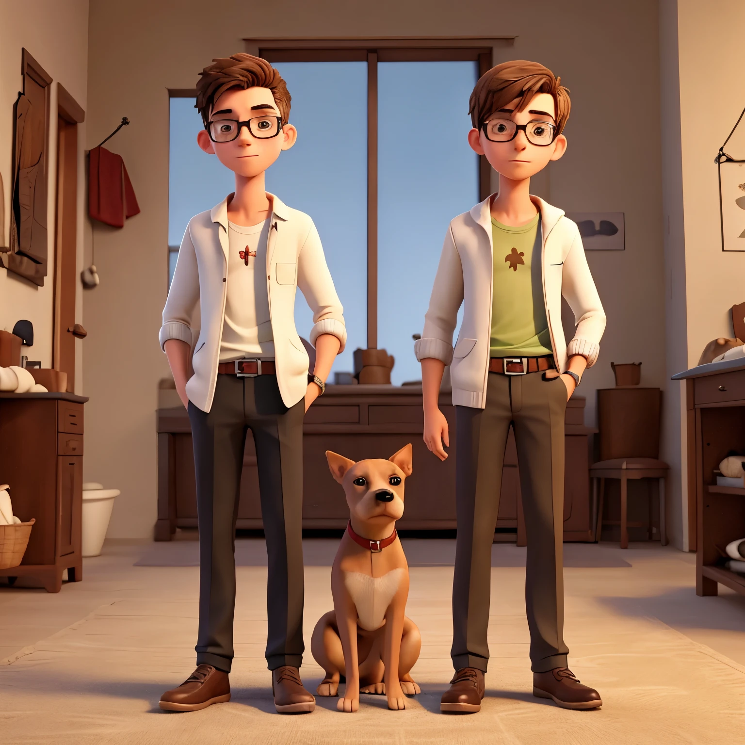 Describe the scene of a thin young man with a pitbull dog wearing glasses 