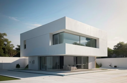 modern villa a close up of a white house with a sky background, architectural visualization, architectural visualisation, architecture visualization, minimal structure, architecture visualisation, inter dimensional villa, concept house, archviz, archdaily, white minimalist architecture, architecture render, modern minimal design, vray render, architectural render, all white render, render vray, v - ray render,cube form,

