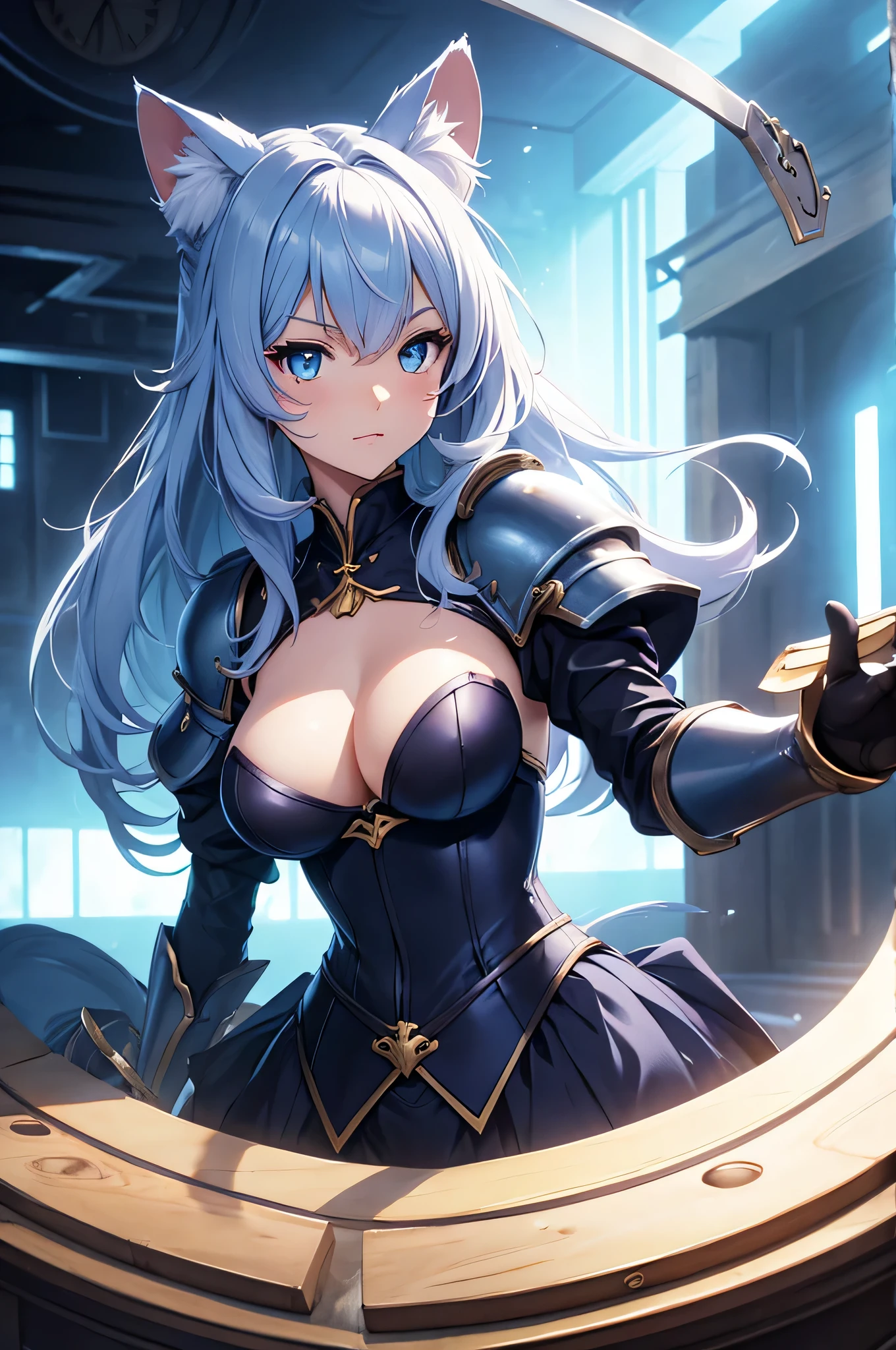 Fille Neko, belle. moyen seins, qualité, maximum, cheveux blue , queue de chat, épée, armure , Oreille de chat, meilleur qualité