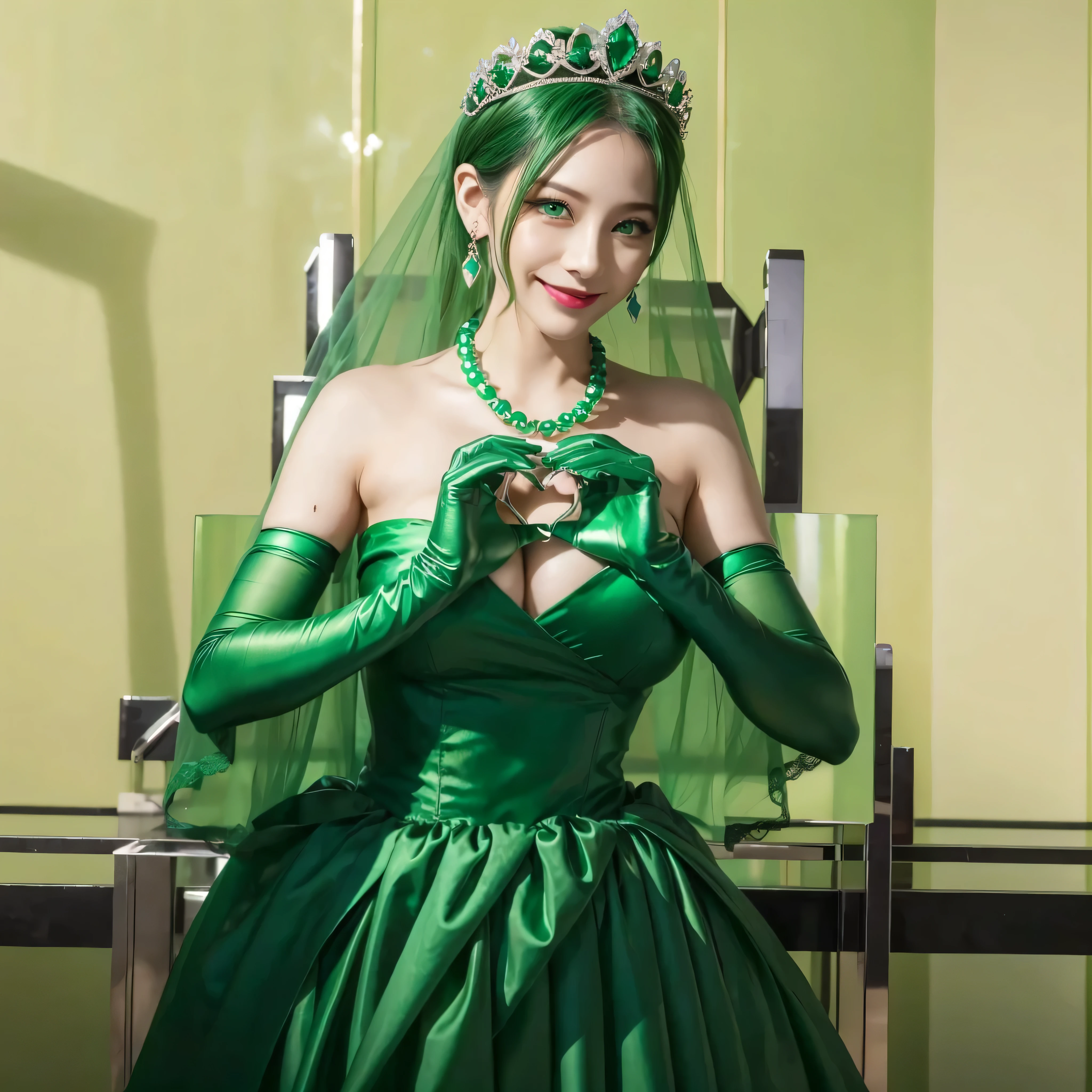 highest quality、masterpiece、(realistic:1.2), emerald tiara, green pearl necklace, ボーイッシュな非常に短いgreen hair, lipstick, smiling woman, very short hair, Beauty with large breasts, green eyes, Long Green Satin Gloves, green eyes, emerald earrings, green veil, heart with both hands, green hair, Beautiful woman, heart shaped hand:1.3