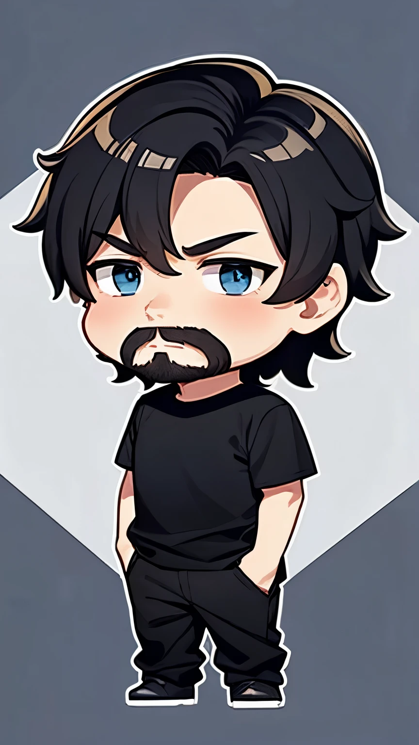 Pixel art for chibi characters、An around 40 year old man wearing a black shirt and black pants standing in front of a white wall,beard、short hair、I have scissors、beautician