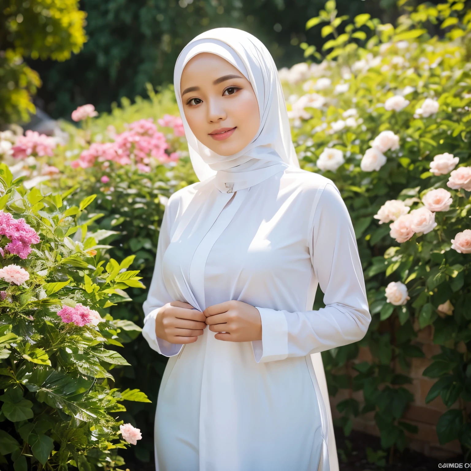 Best quality, 4K image quality, 1 Malay girl in hijab, white Hanfu, blouse, snow, long hijab fluttering in the wind, small smile, large opening, garden background, blue mosque background, film shooting frame, high quality, cinematic scene , cinematic lighting , cool atmosphere, high detail, 8k,