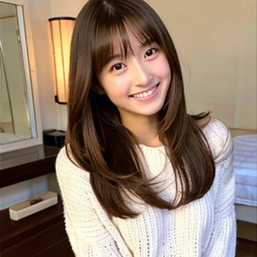 Japanese、curly straight hair、light brown、beautiful girl、beautiful skin、thin、laughter、153 cm、room、Torch、high neck white sweater、B cup、beautiful hands、embarrassed face、