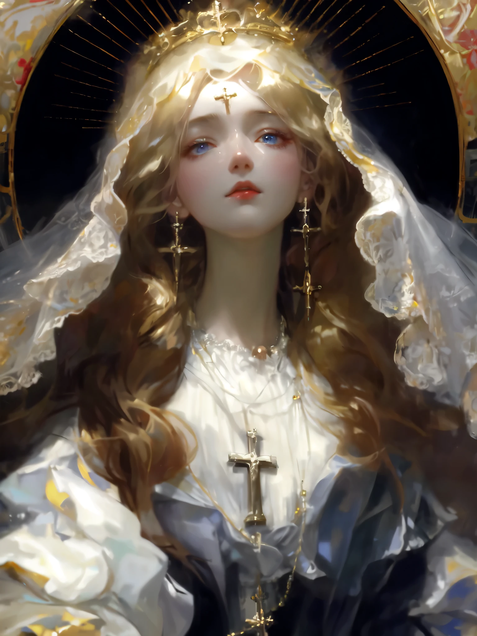 The painting shows a person wearing a veil、woman holding cross in hand, Gurwitz Masterpiece, guweiz, guweiz on pixiv artstation, guweiz on artstation pixiv, guweiz style artwork, The art of wlop, wop art, by Yanjun Cheng, Krenzkushat，beautiful light blue eyes，red lips，pale skin