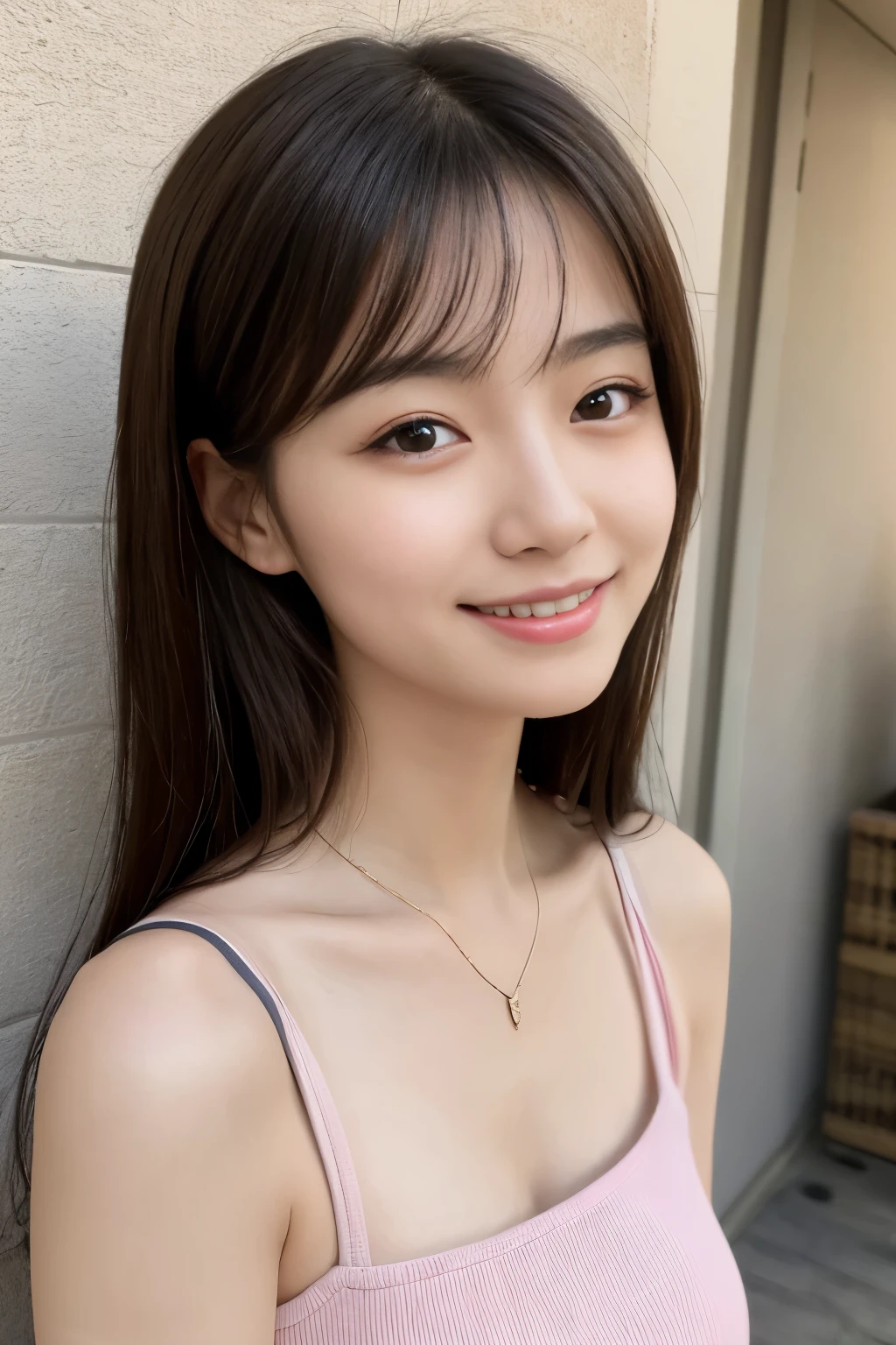 Real Japanese woman, Beautiful Japanese woman, Japanese goddess, Beautiful Japanese woman face, Mature woman, Sexy Japanese woman, Beautiful collarbone, Thin eyes, Single eyelid, Small eyes, Thin eyebrows, 25 years old Japanese woman. Smiling, Thin eyes, thin eyebrows, low nose, thin lips, brown hair, beautiful full breasts.