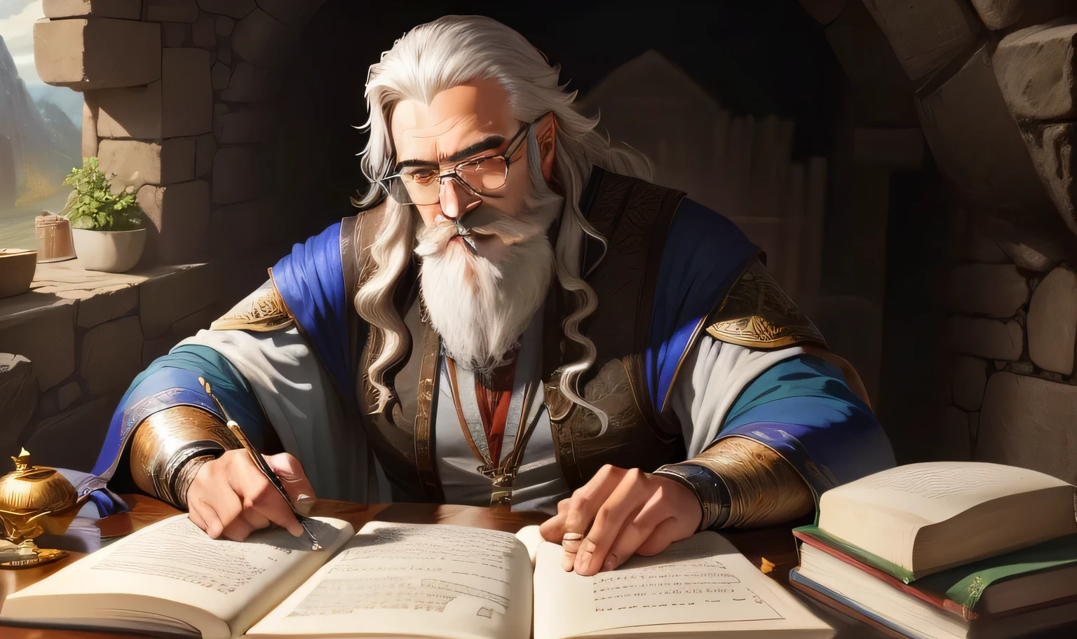Man with a long beard and glasses sitting at the table with a book, assistente senta-se lendo em uma mesa, retrato do livro do RPG, Velho Archmage masculino, an arcane wizard casting a spell, photo of a male cleric, fantasy RPG book illustration, arte do jogo de RPG, dungeons and dragons character, wizard casting a spell, Retrato de um personagem DND
