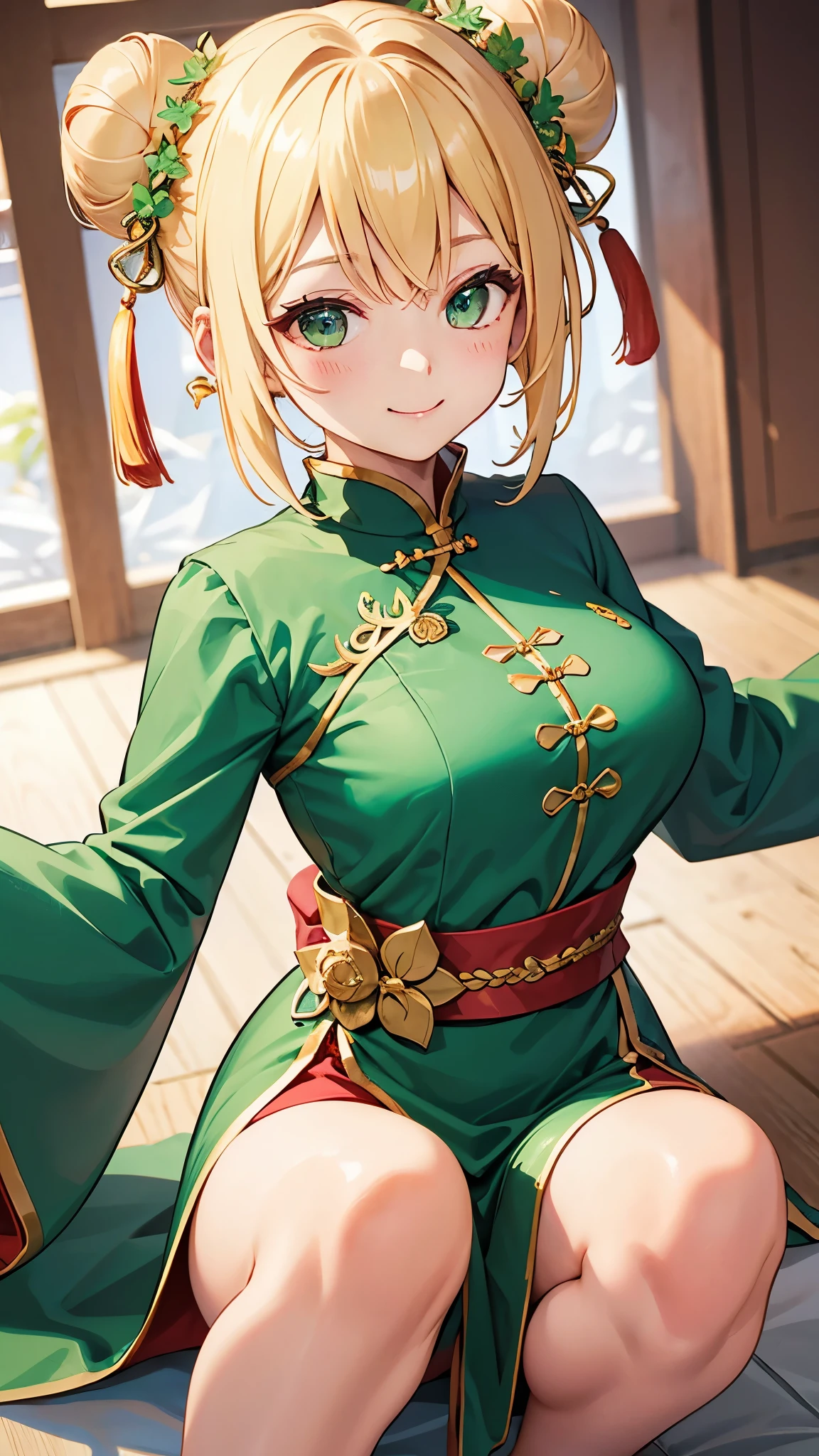 masterpiece,Highest quality, Super detailed,One girl(Sakurai Momoka, Adorable little breasts, ,Blonde, Hair Bun, double Hair Buns, head band, Pink flowers in the hair,Green Eyes), Bright Face, A light smile, Part your lips, nose blush, blush, In-person audience , View your viewers, Tilt your head, alone, Red Chinese Dress, Short dress, No sleeve, Black lace knee socks, In the living room, Are standing, Seduce your sexy waist, ((Panty shot)), Skirt Lift
