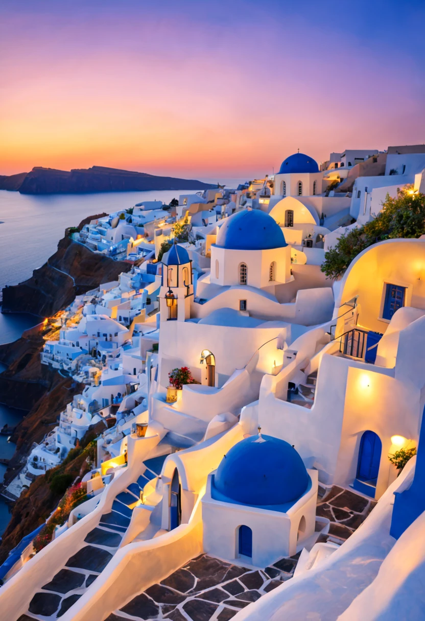 Santorini - the beautiful island of Greece,Famous for its traditional architecture with blue roofs and white walls and spectacular sunsets。actual masterpiece, Master top quality, best quality ultra hd