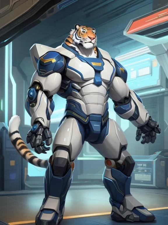 anthro male tiger, sci-fi style, Japanese animation style, 18age teenagers furry, Cyberger, The male tiger mecha police officer has been restored to factory settings, slim and handsome, including the operation interface, holographic manufacturing drawings, design drawings, t-pose, futuristic style, movie texture, snake hips, futuristic, cybernetic, detailed, intricate, cygames, by null-ghost, by zixiong, 1 tail, muscle