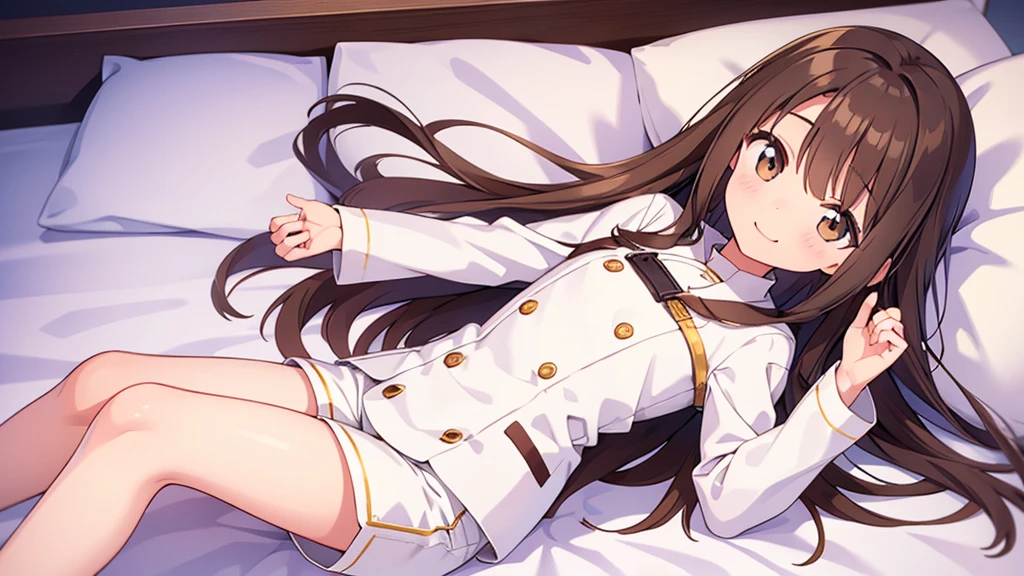 20 years old、flat chest、Height 165 cm、Long brown hair、White long sleeves、White shorts、White coat、smile、Lying in bed