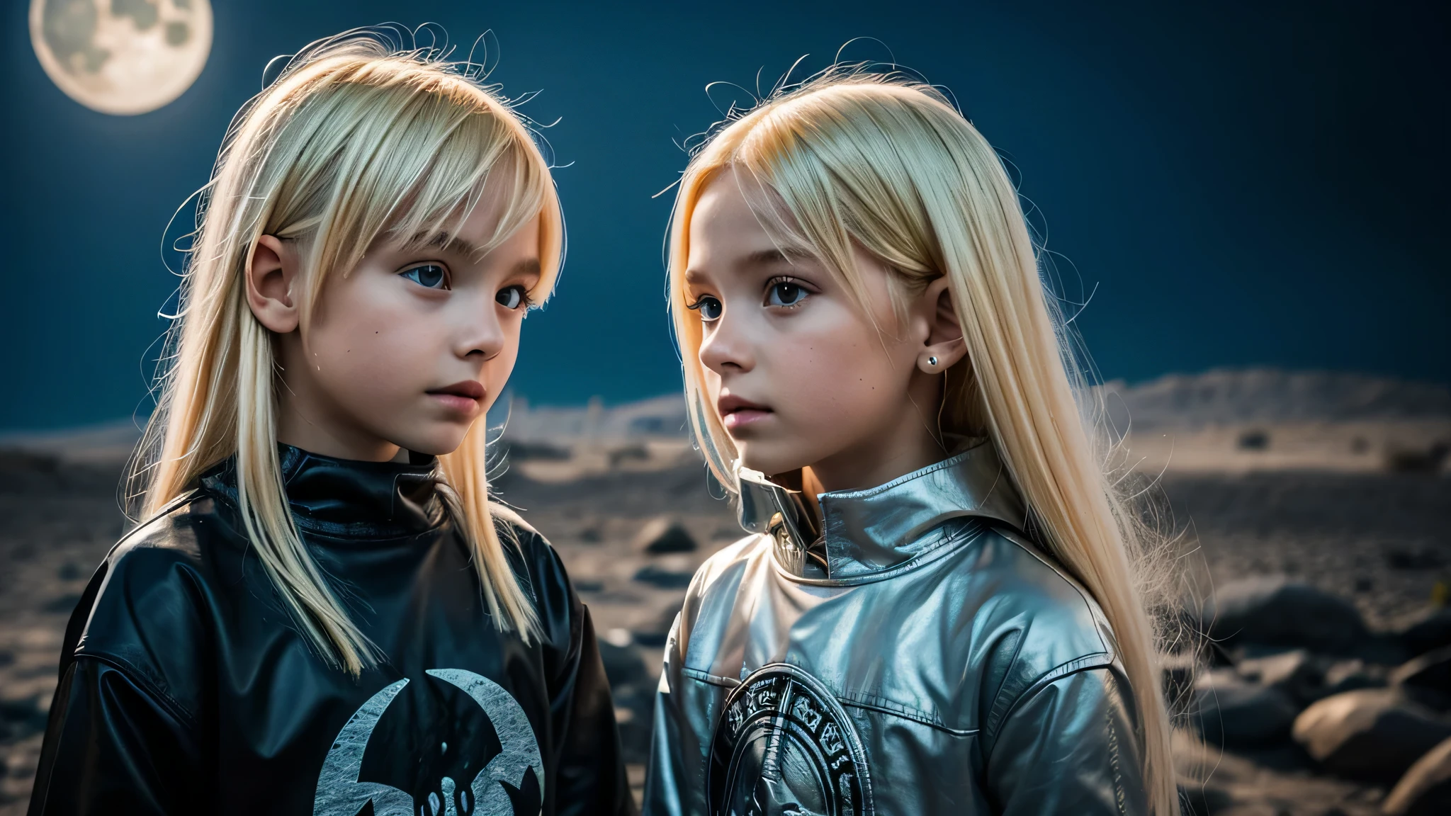 girls platinum blonde children WITH STRAIGHT HAIR, BACKGROUND peroil blue, ice very ice.