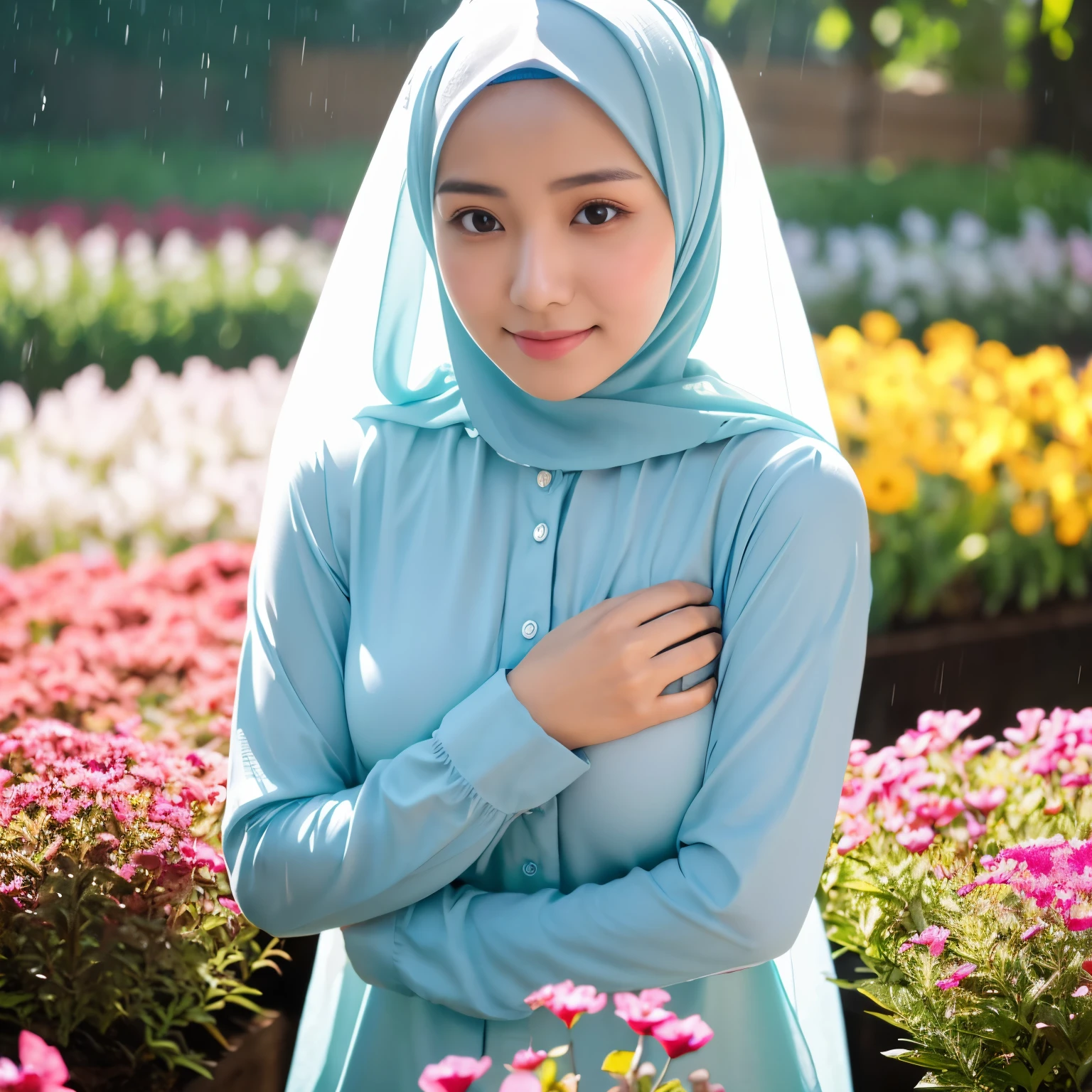 25 years old, Hijab Indonesian adult woman, Medium breasts, Long sleeved shirt, protruding breasts, Exposed to rain, in flower garden, Bright light, during the day