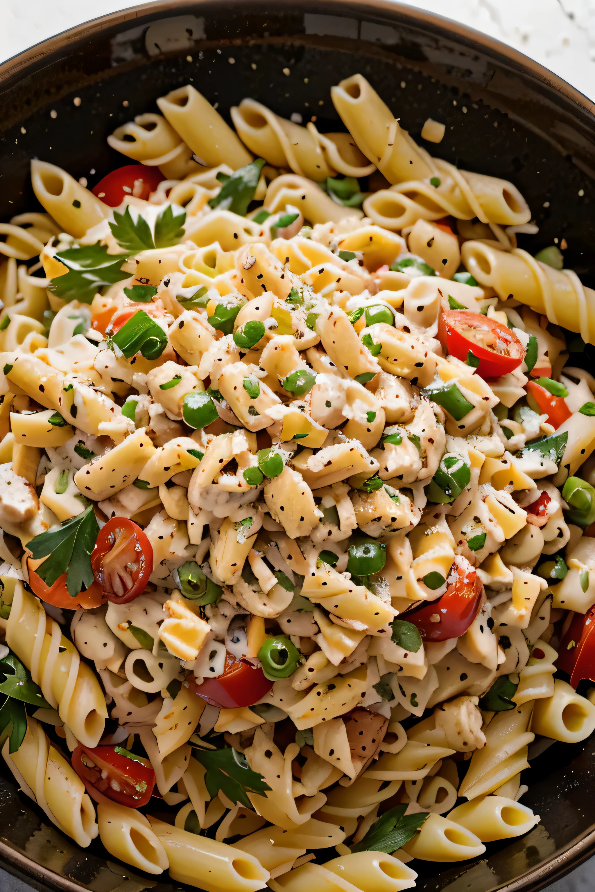 there is a upclose bowl with pasta salad, it looks realistic and instagram worthy