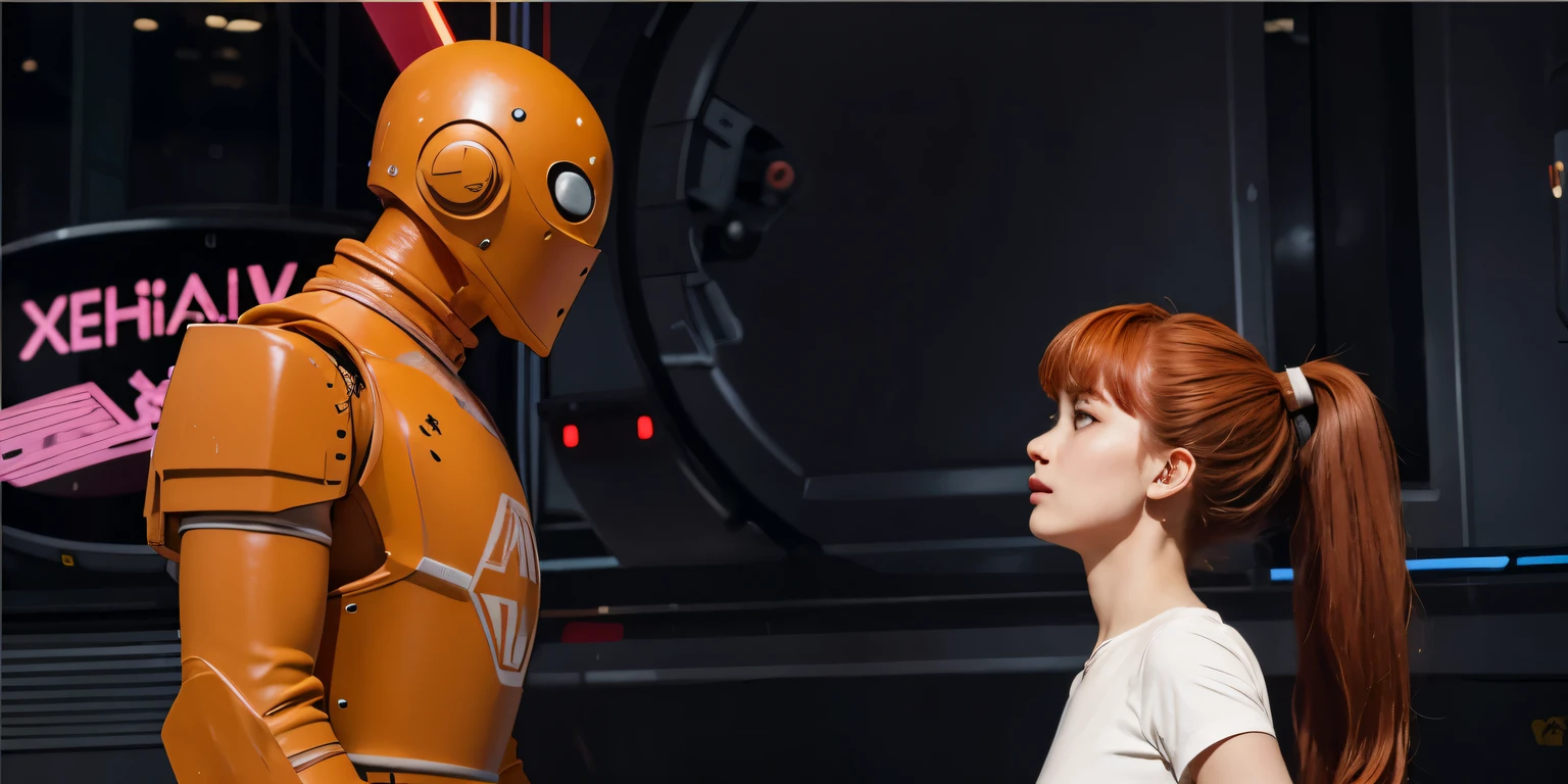 (obra de arte), (extremamente complexo:1.3), (realista), red-haired girl and an orange robot, from the invincible series,fotografia profissiona, sharp focus, dramatic, premiado, cinematic lighting, Octane rendering, motor irreal, dtx volumétrico, (Film grain)