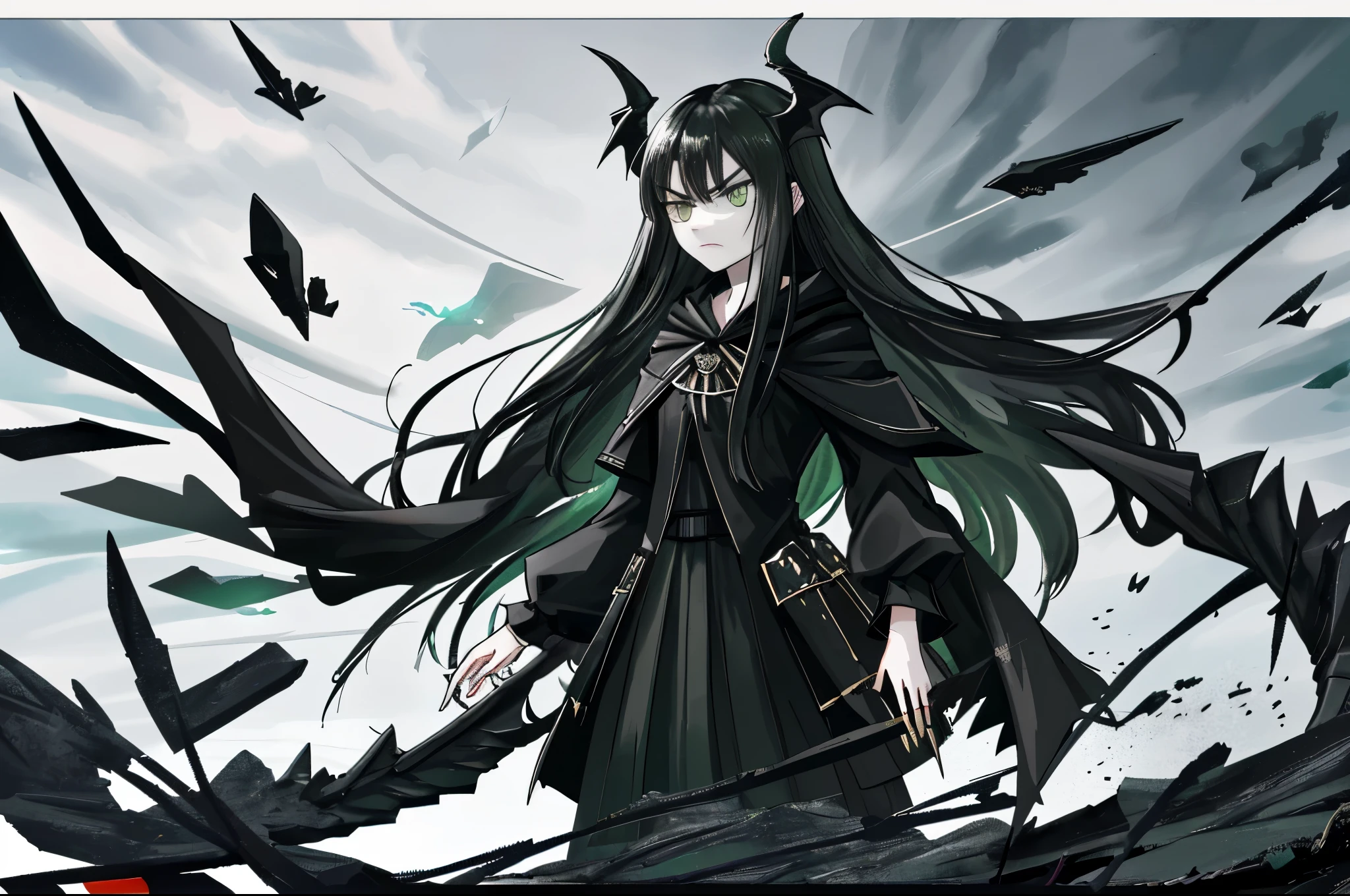 girl，long black hair，green eyes，dragon wings，Black claws，Black bow，The sky is full of arrows，，black cloak，Black dragon，Aeolian pterosaur，girl，despair，World of the Dead，poster，epic，glowing eyes，glowing eyes，angry