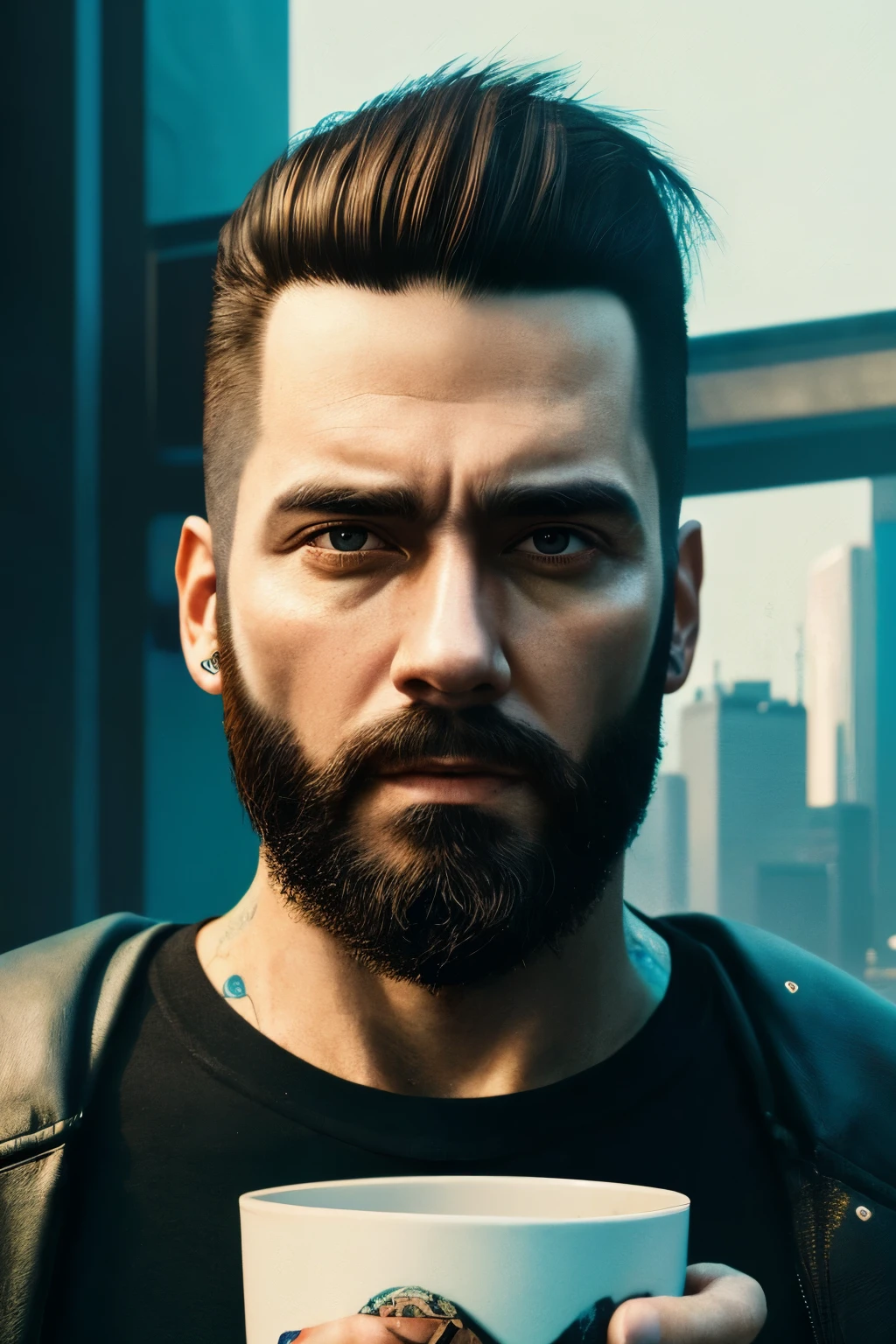 there is a man with a beard holding a cup, cyberpunk style, hyperrealistic, portrait of a cyberpunk man, portrait of morning coffee, inspired by Sam Spratt, artwork in the style of guweiz, detailed character portrait, detailed painting 4 k, artstation mans aesthetic, cyberpunk art ultrarealistic 8k, cyberpunk portrait, realistic digital art 4k