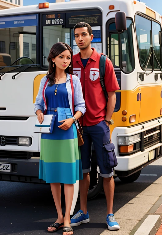 there is a man and woman standing next to a bus, malika favre, by Fernando Gerassi, by Felipe Seade, edu souza, by Matthias Stom, by Daniel Lieske, São Paulo, by Robert Combas, seu madruga, by Teresa Fasolino, by Emerson Silva, by Almada Negreiros, andrea rocha