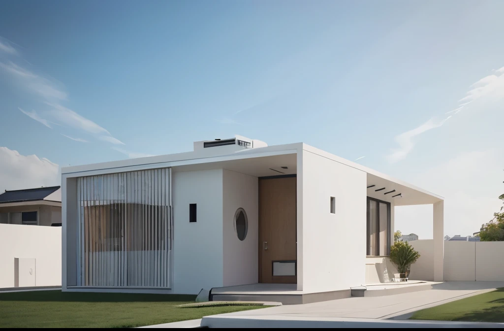 modern villa a close up of a white house with a sky background, architectural visualization, architectural visualisation, architecture visualization, minimal structure, architecture visualisation, inter dimensional villa, concept house, archviz, archdaily, white minimalist architecture, architecture render, modern minimal design, vray render, architectural render, all white render, render vray, v - ray render,cube form,colored galss and traditional materials