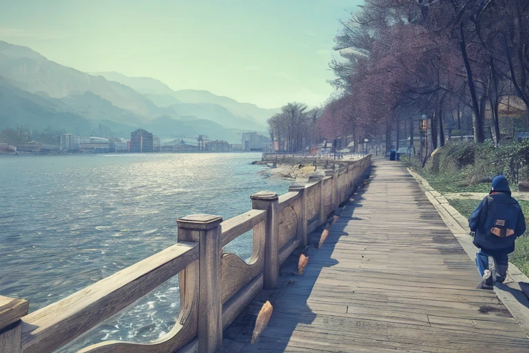 There is a boy&#39;s back，Walk on the wooden walkway by the water, photography, beautiful sunny day, Boardwalk, nice images, Retro effect, in sunny weather