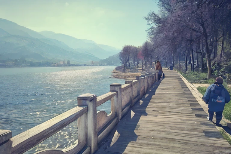 There is a boy&#39;s back，Walk on the wooden walkway by the water, photography, beautiful sunny day, Boardwalk, nice images, Retro effect, in sunny weather