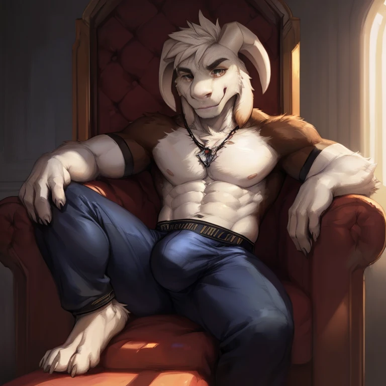 Male, (((solo))) character, Asriel Dreemurr God form, Male focus, 8k quality, ultra realistic, 3d render, digital art, beautiful Asriel Dreemurr God Form, kenket, Ross Tran,ruan jia, uploaded to e621, zaush, foxovh, cenematic lighting, (((confident, seductive))), (((whole body showed))), (((detailed brown eyes))), (((correct position))), (((loving eyes))), (((full in love))), (((seductive))), (((seduction))), (((sexy))), (((full body commission))), (((solo))), (((full body commission))), (((sit on))) throne, (((big bulge))), (((laps invitation))), (((feets)))