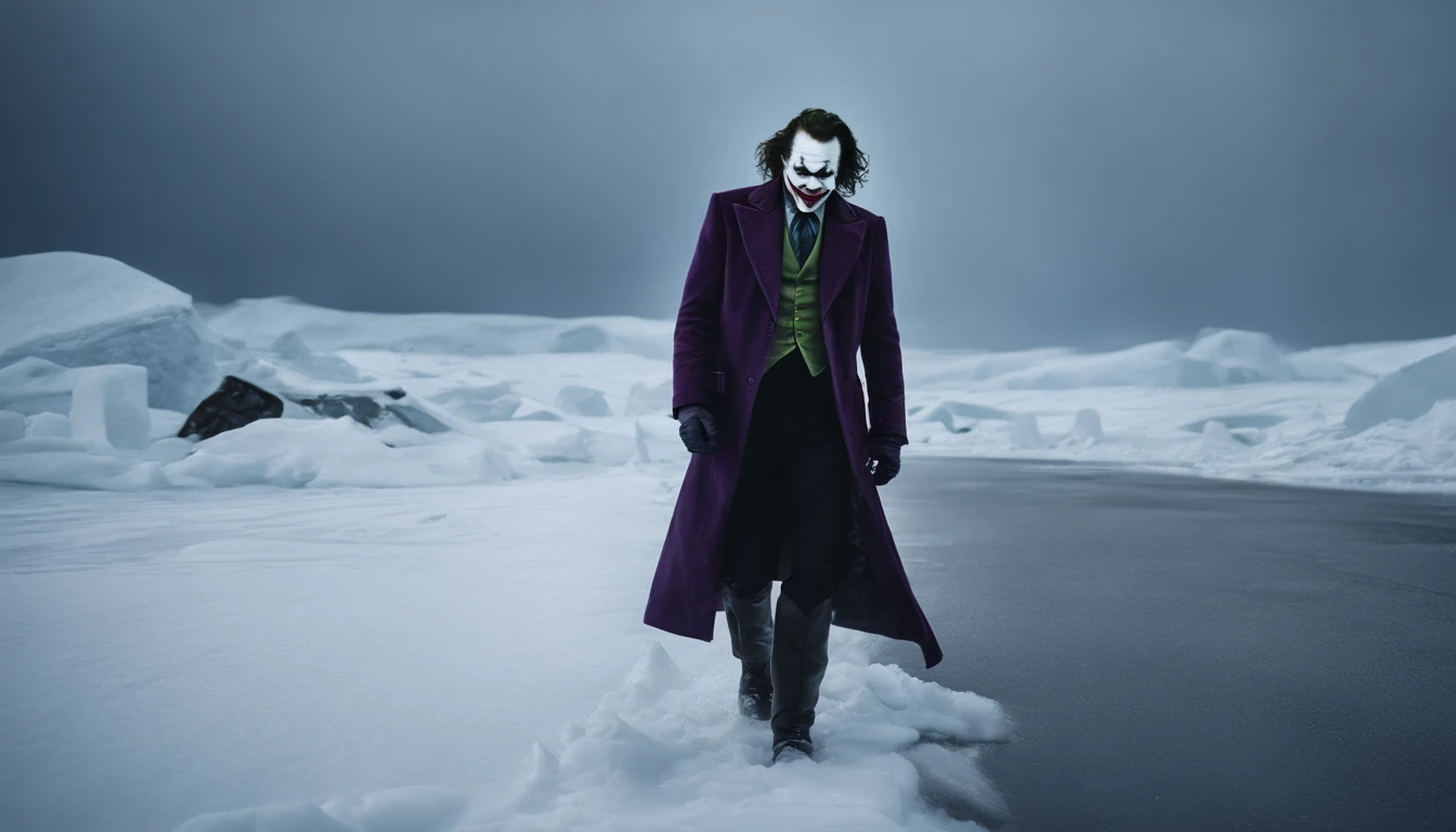 Blizzard is in progress,The smiling Joker walks to the South Pole, high quality manga colors with surreal precision,